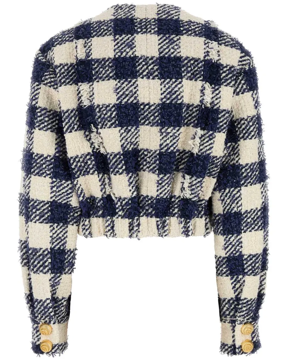 Marine and Blanc Plaid Tweed Crop Bomber Jacket