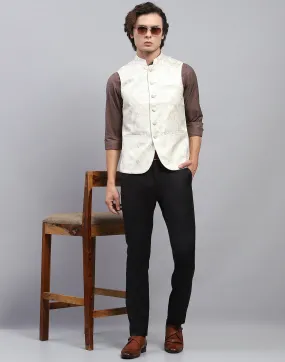 Men Cream Floral Print Band Collar Sleeveless Nehru Jacket