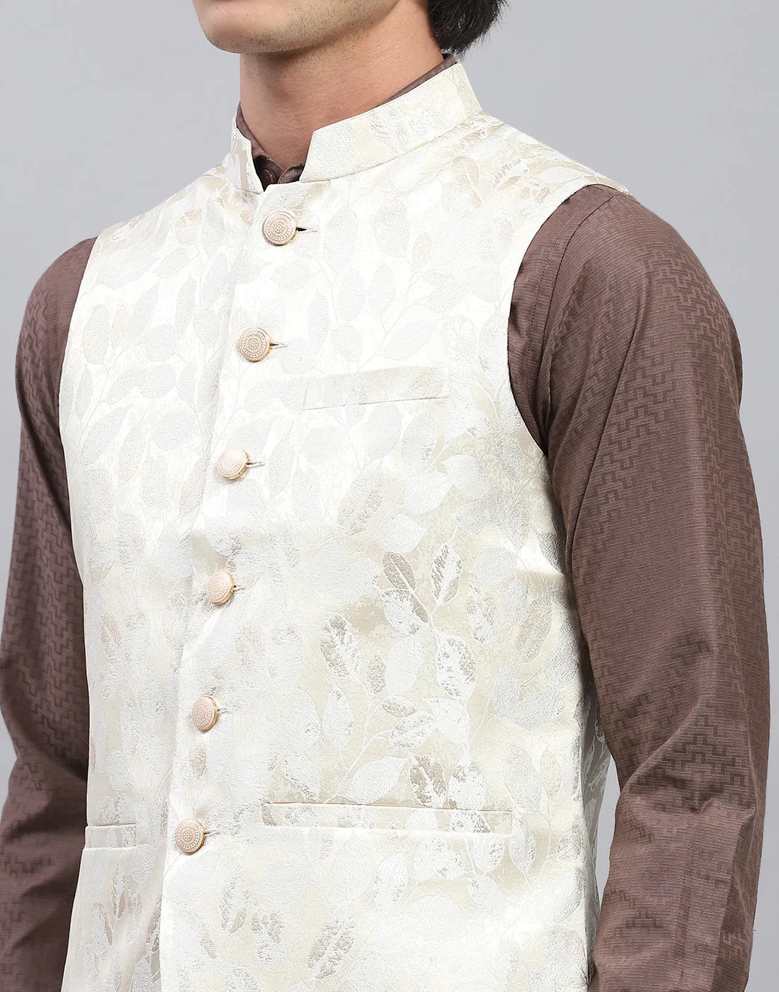 Men Cream Floral Print Band Collar Sleeveless Nehru Jacket