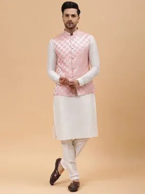 Men Gold & Pink Woven Design Jacquard Neharu Jacket