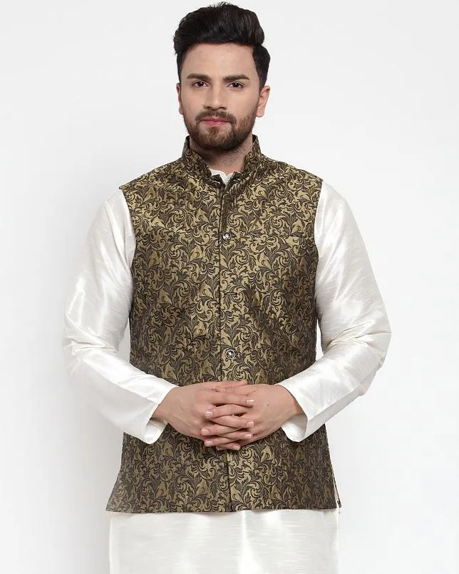 Men Gold-Coloured & Black Woven Design Nehru Jacket