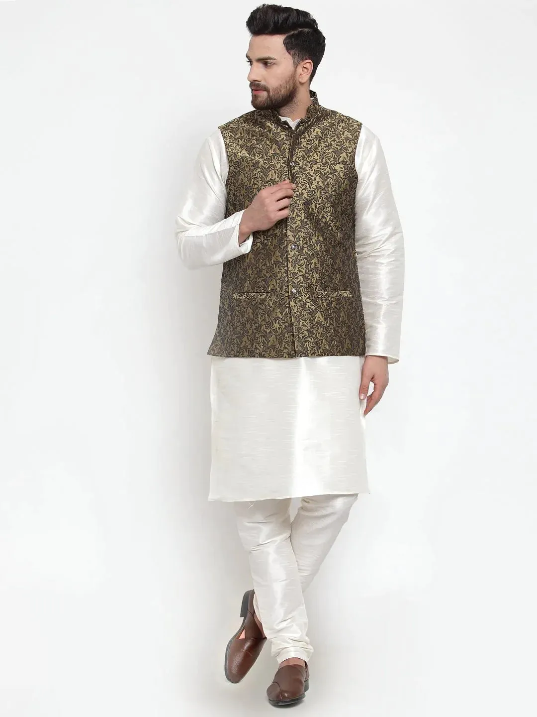 Men Gold-Coloured & Black Woven Design Nehru Jacket