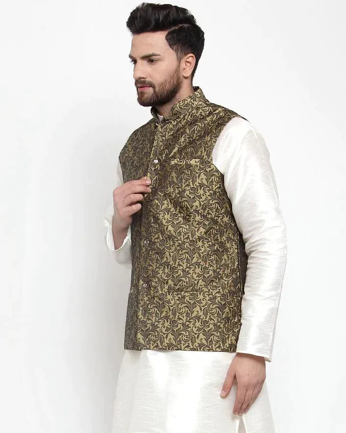 Men Gold-Coloured & Black Woven Design Nehru Jacket