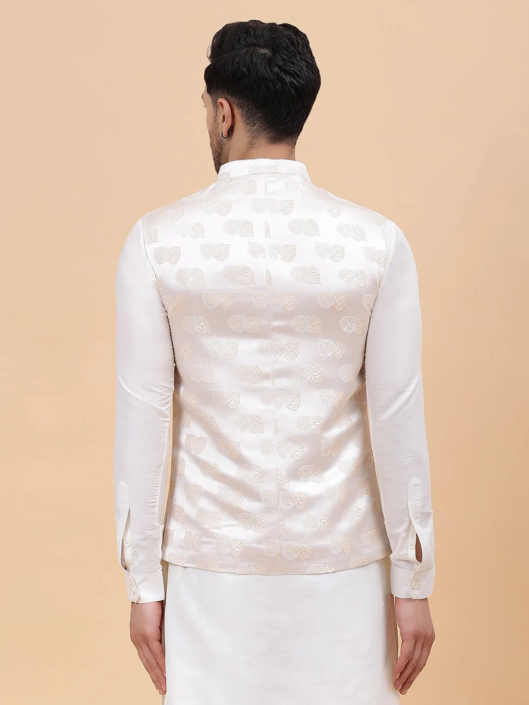 Men Off White & Gold Woven Design Jacquard Neharu Jacket