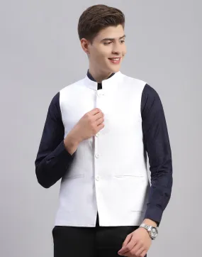 Men White Solid Mandarin Neck Sleeveless Nehru Jacket