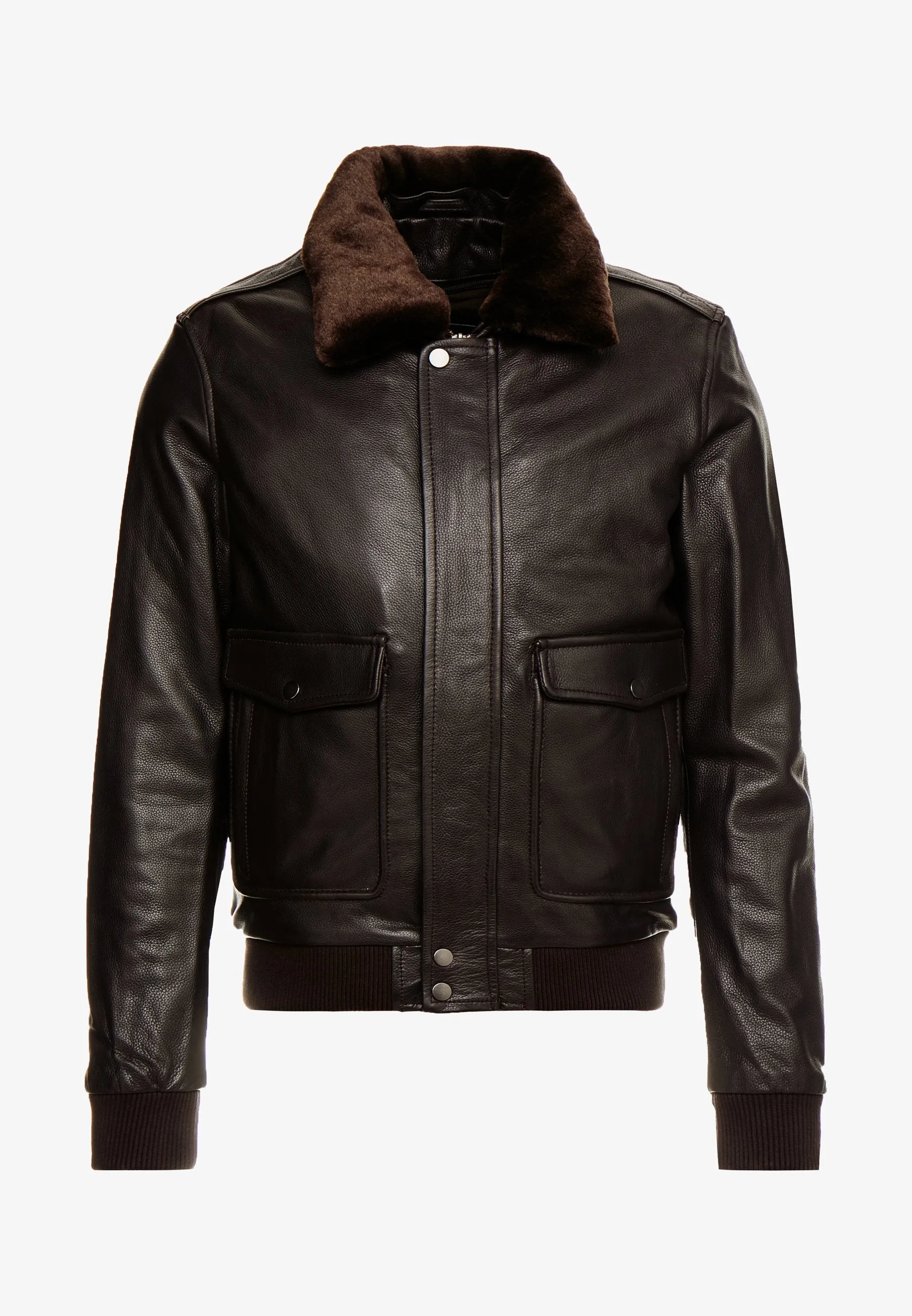 Men's Dark Brown Leather Fur Collar Bomber Jacket