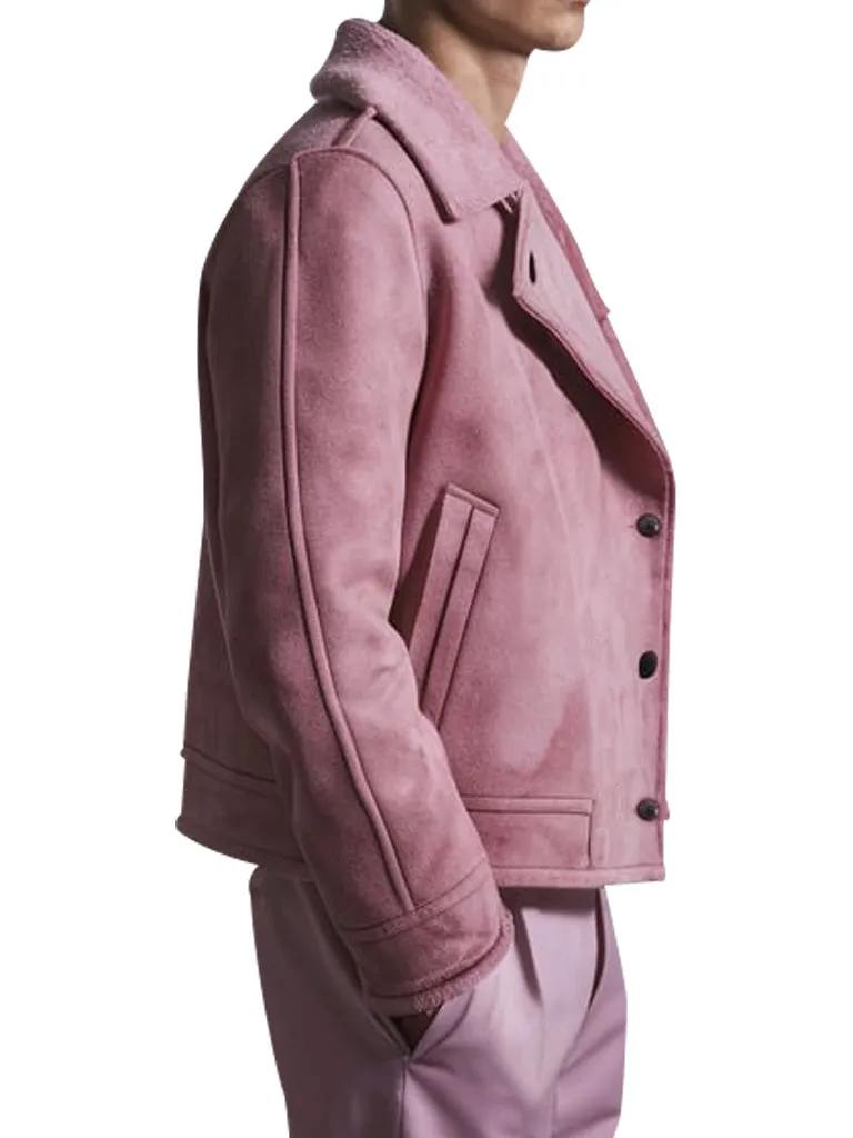 Men's Pink Shearling Suede Double Breasted Coat