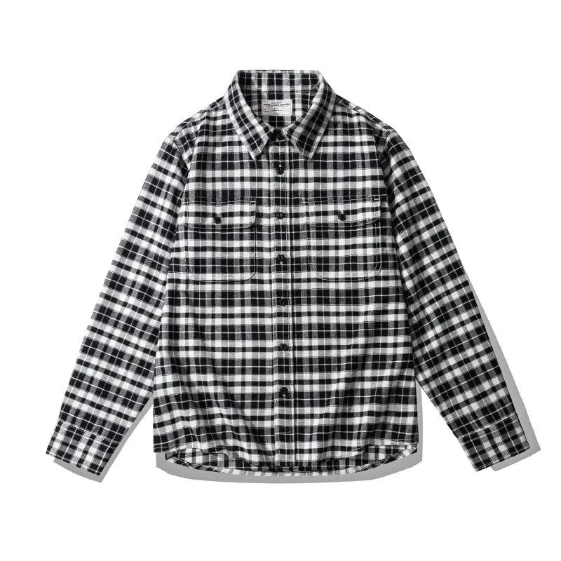 Men's plaid shirt lightly polished retro long-sleeved shirt