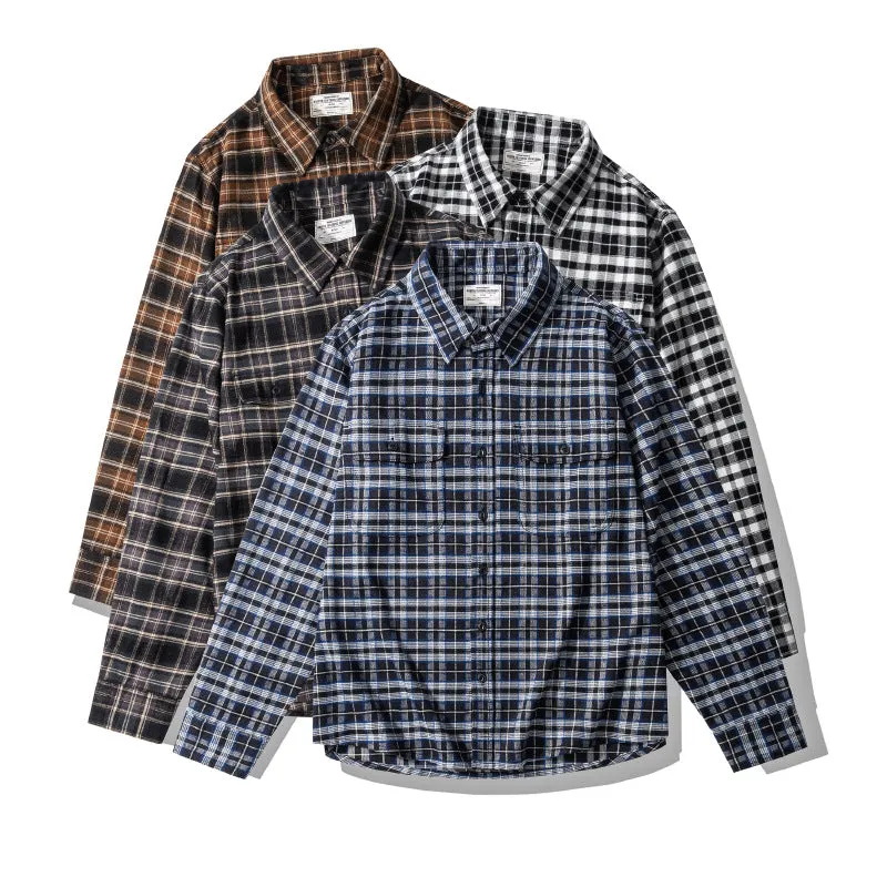 Men's plaid shirt lightly polished retro long-sleeved shirt