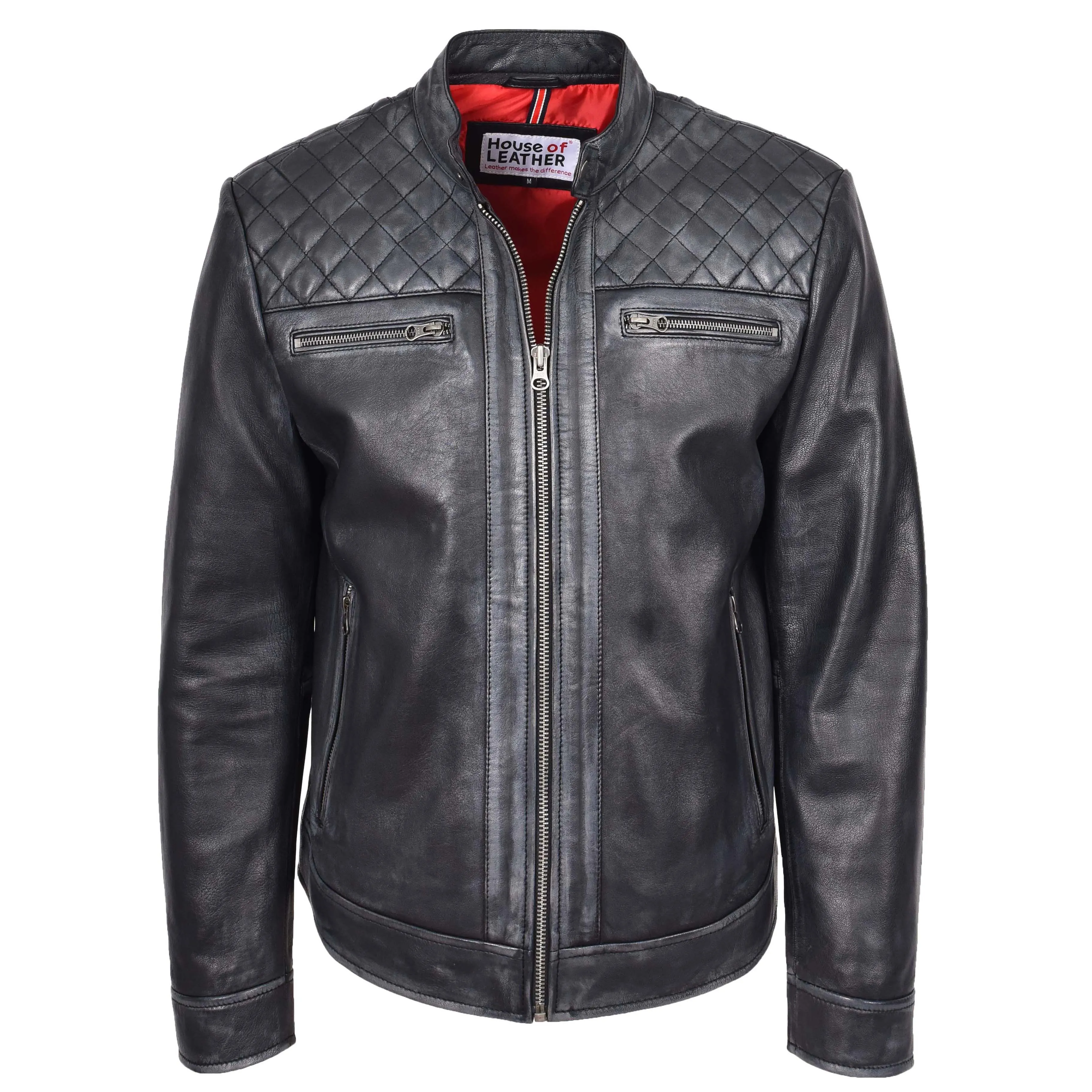 Mens Real Leather Biker Jacket Cafe Racer Style Dommo Black