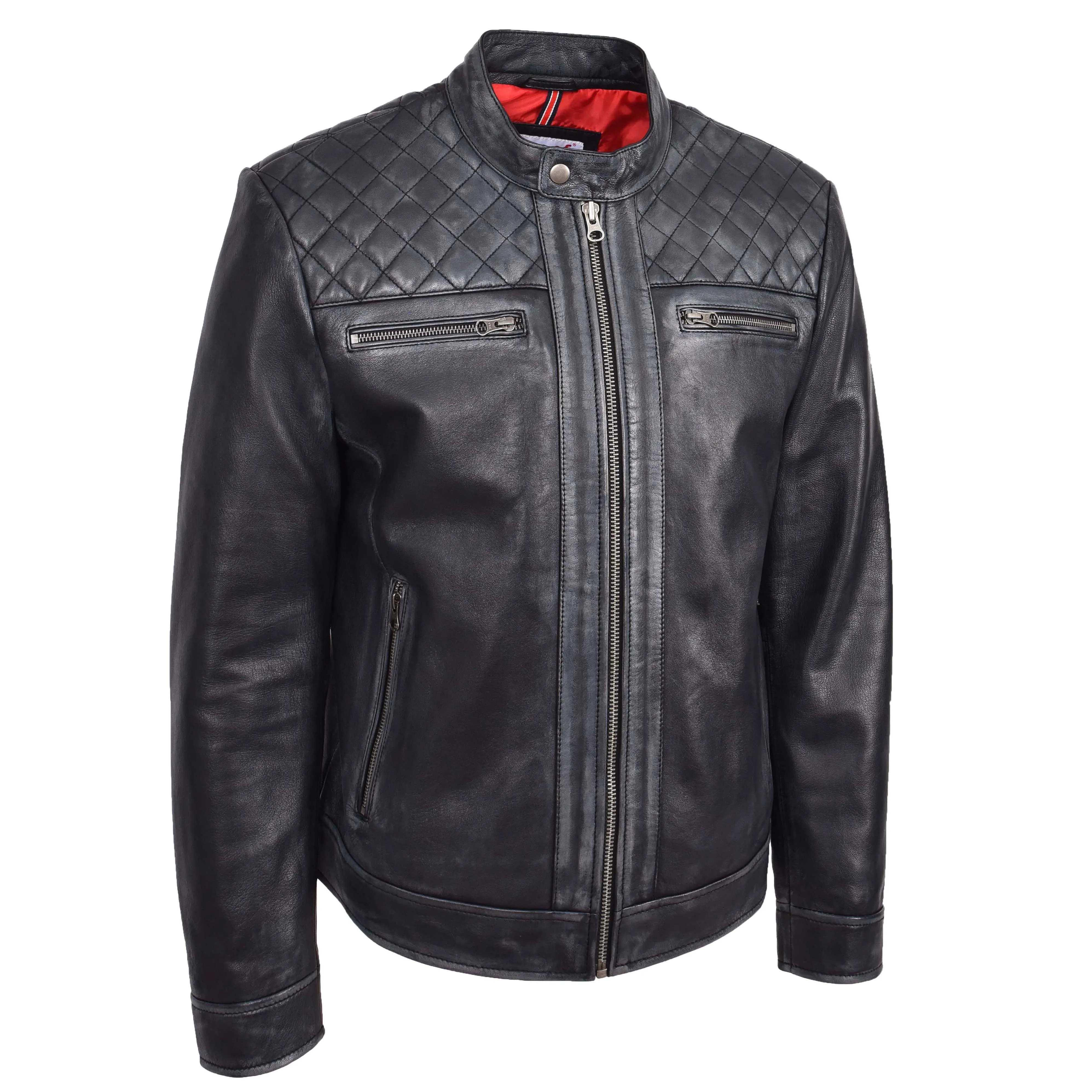 Mens Real Leather Biker Jacket Cafe Racer Style Dommo Black