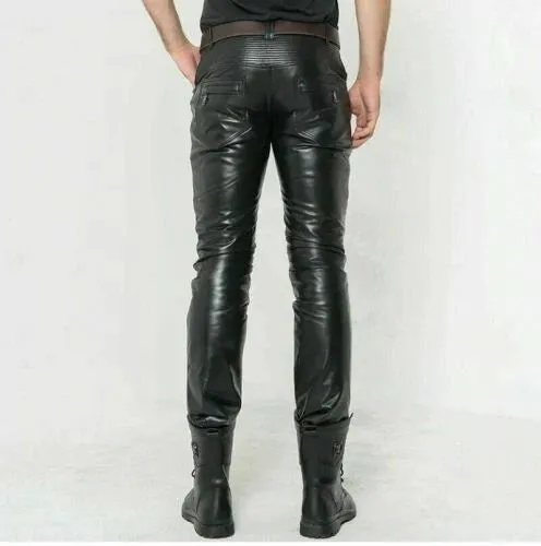 Men’s Slim Fit Lambskin Leather Pants with Quilted Knees MP38