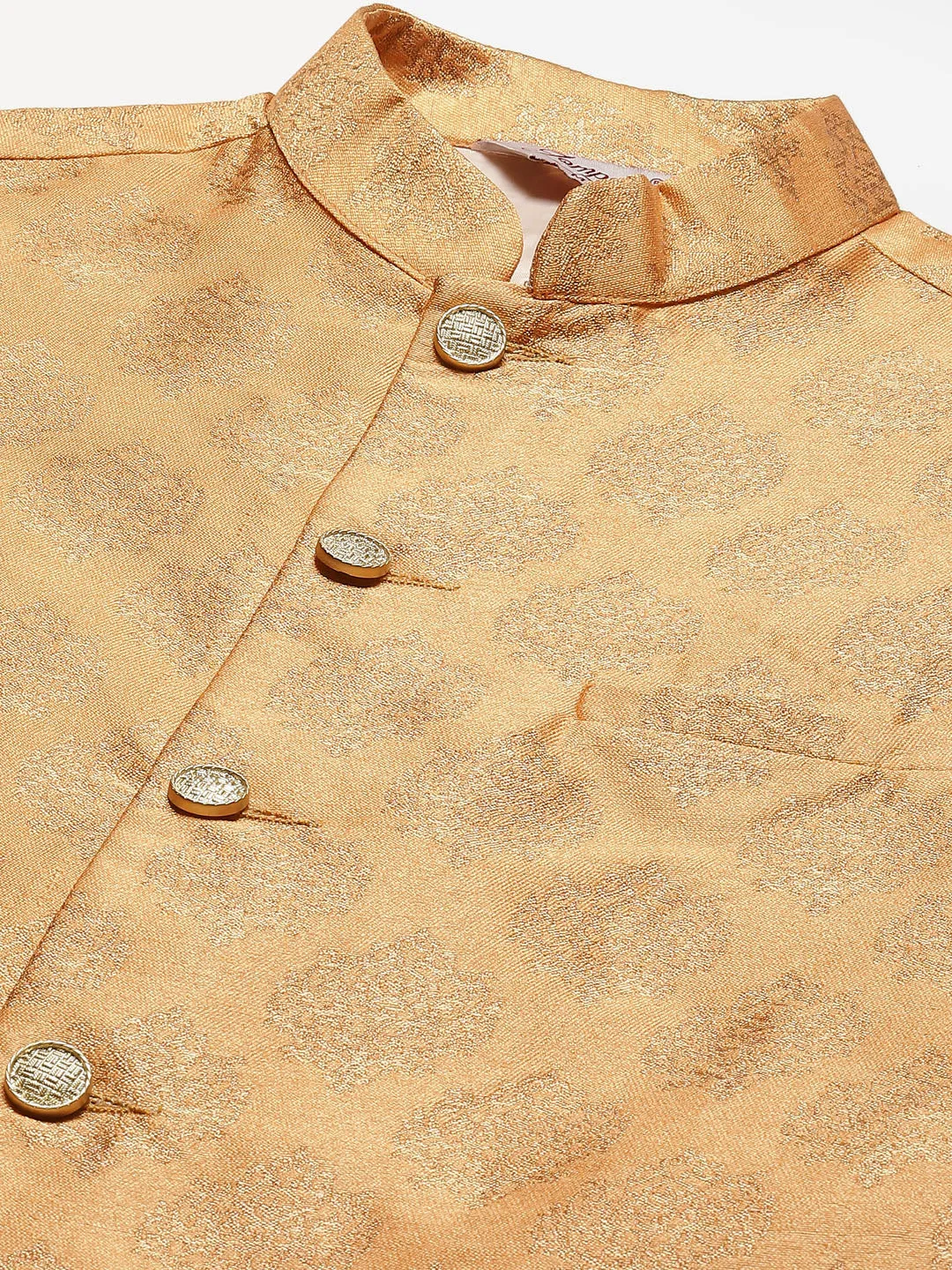 Men'S Solid Kurta Pyjama With Floral Peach Printed Nehru Jacket