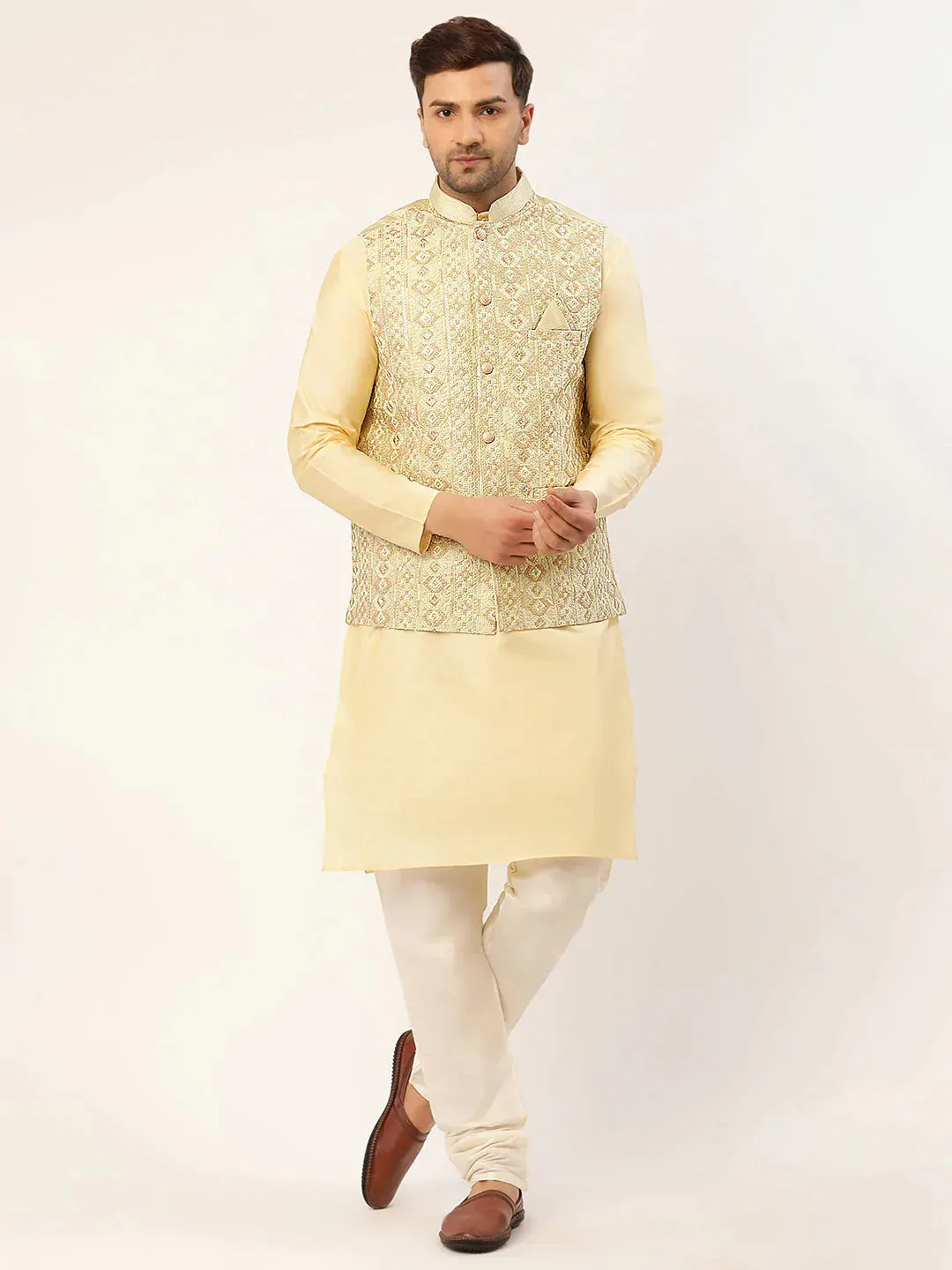 Men'S Solid Kurta Pyjama With Pista Green Embroidered Nehru Jacket