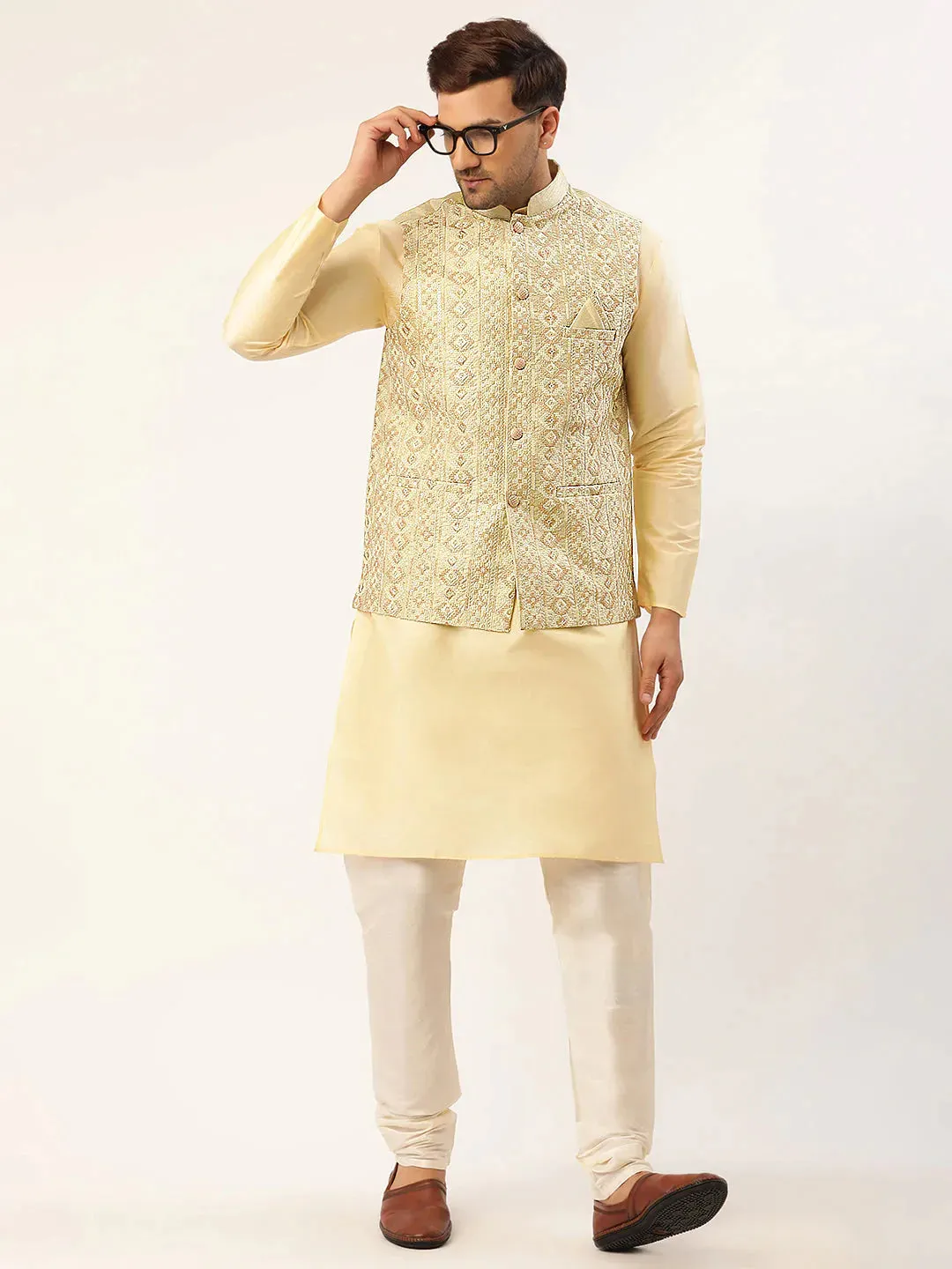 Men'S Solid Kurta Pyjama With Pista Green Embroidered Nehru Jacket