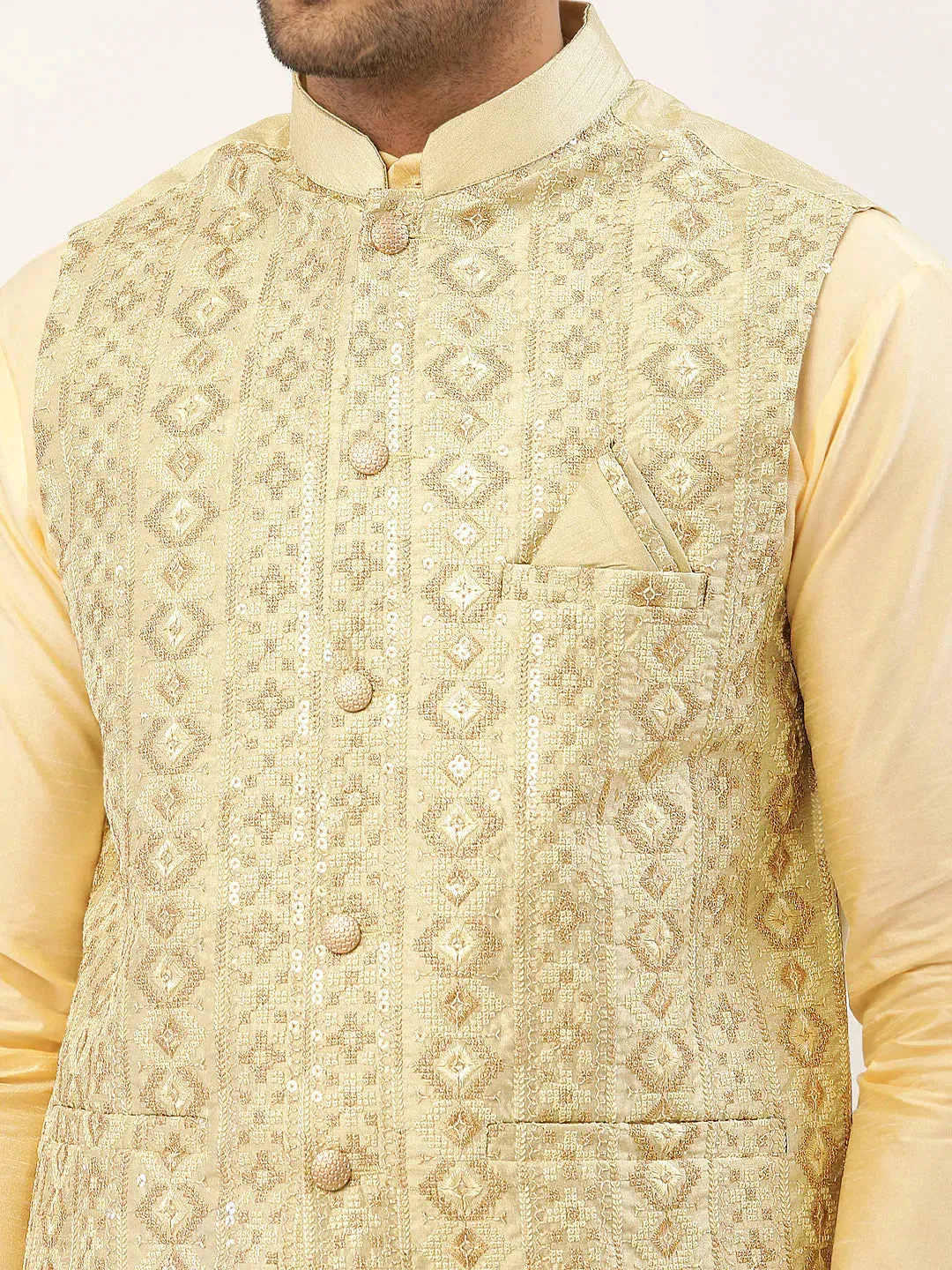 Men'S Solid Kurta Pyjama With Pista Green Embroidered Nehru Jacket