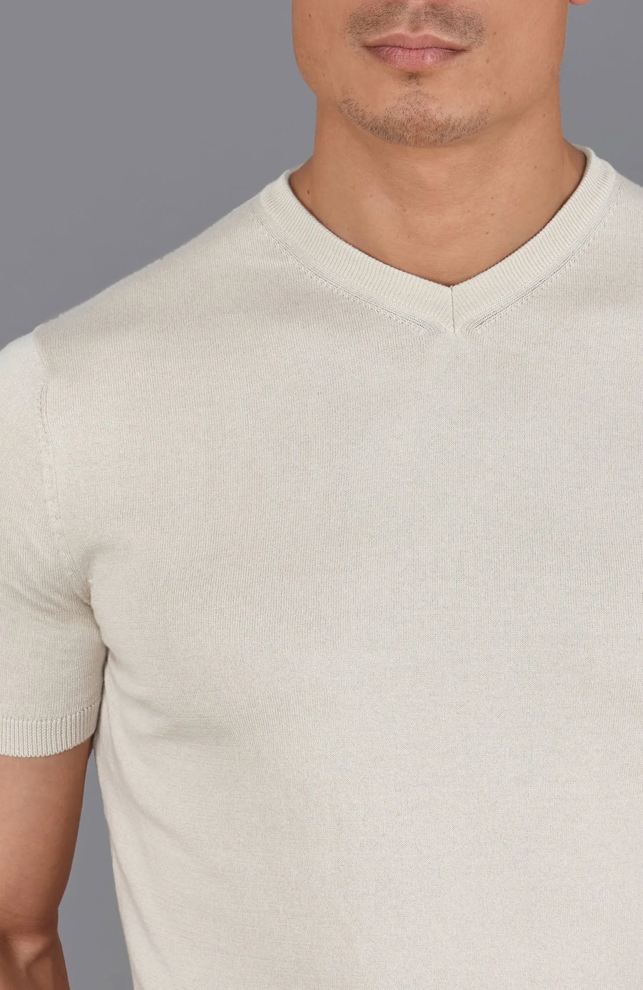 Mens Ultra Fine Cotton High V Neck Knitted T-Shirt