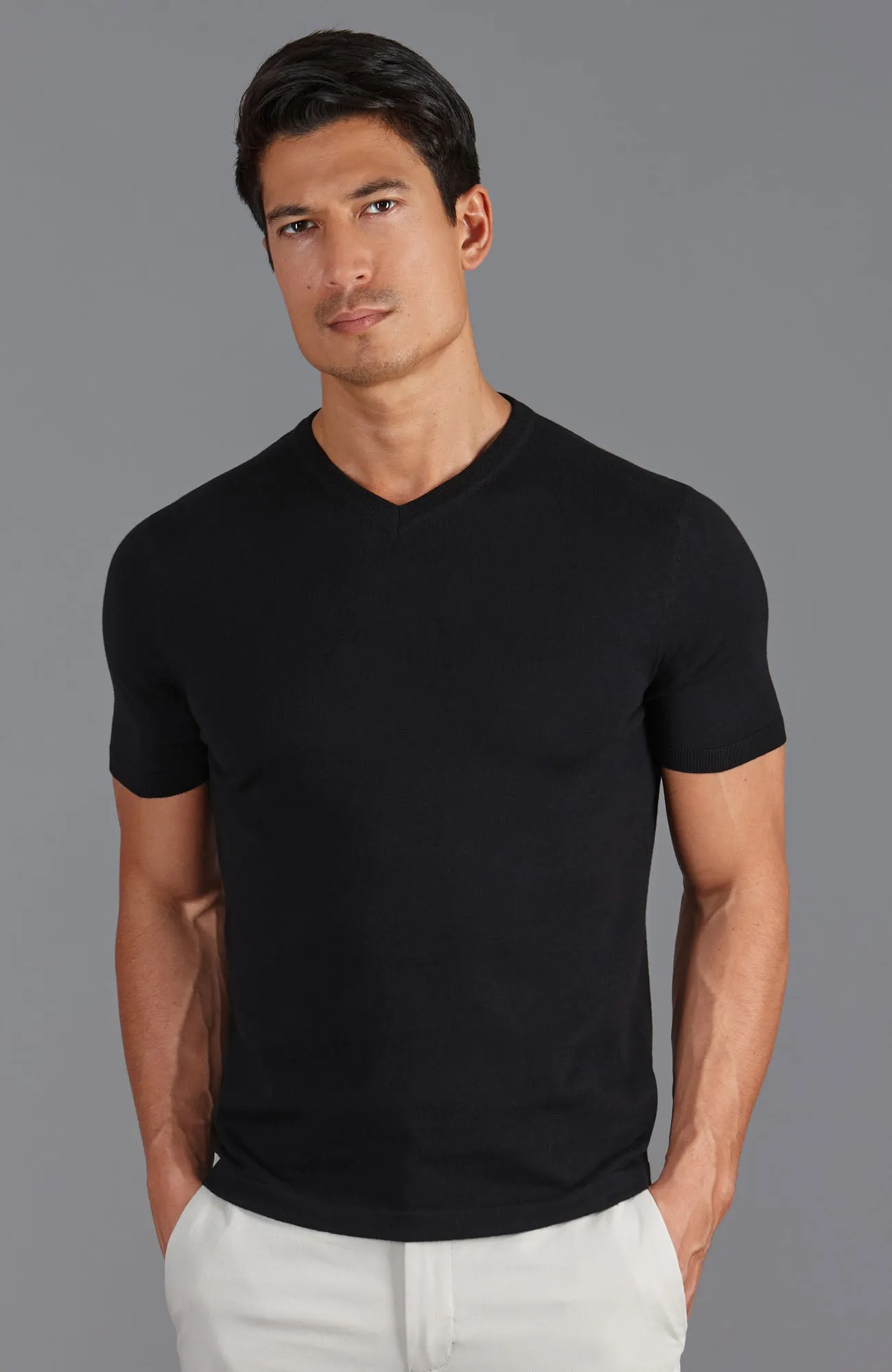 Mens Ultra Fine Cotton High V Neck Knitted T-Shirt