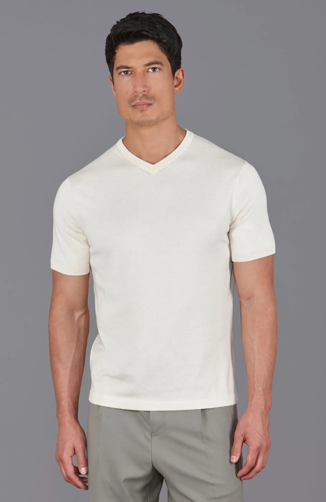 Mens Ultra Fine Cotton High V Neck Knitted T-Shirt