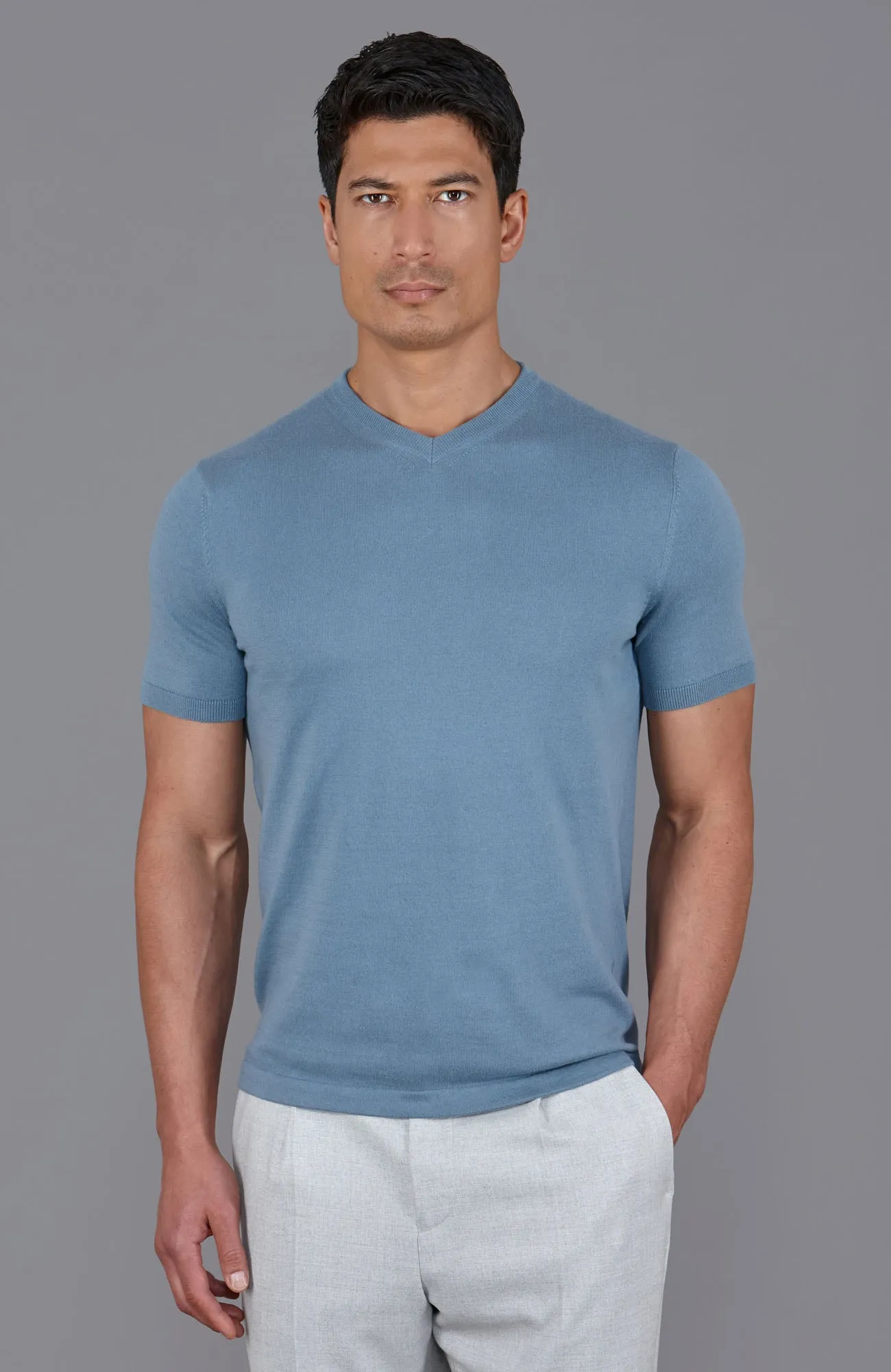 Mens Ultra Fine Cotton High V Neck Knitted T-Shirt