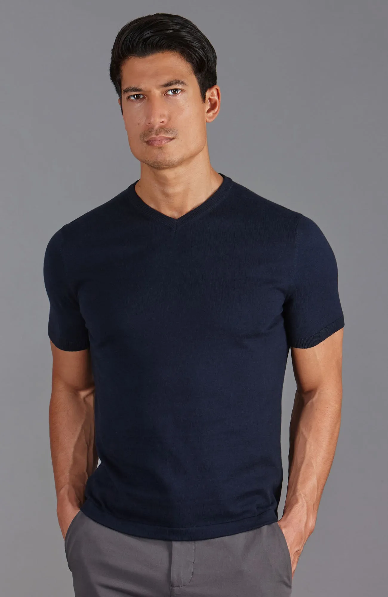 Mens Ultra Fine Cotton High V Neck Knitted T-Shirt