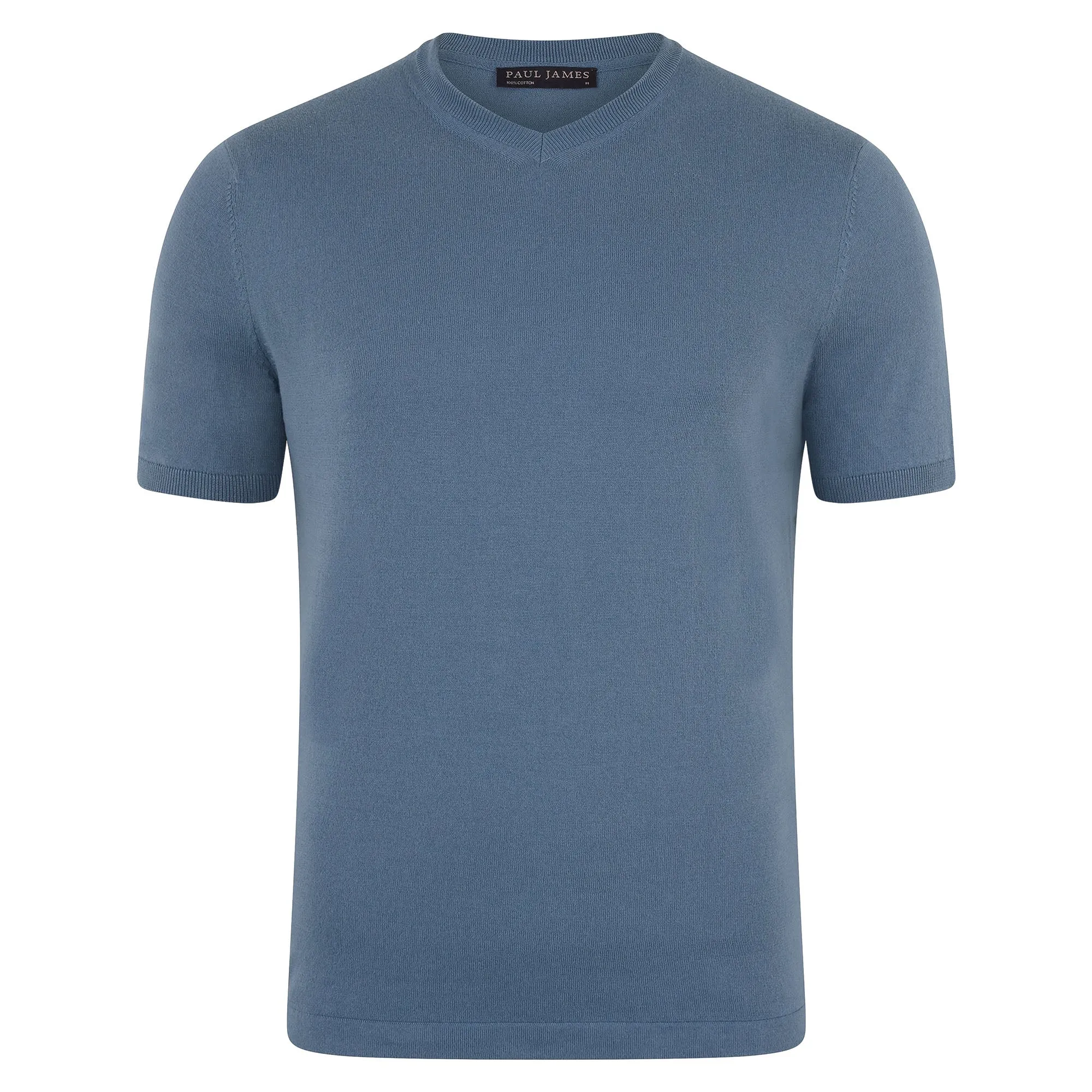 Mens Ultra Fine Cotton High V Neck Knitted T-Shirt