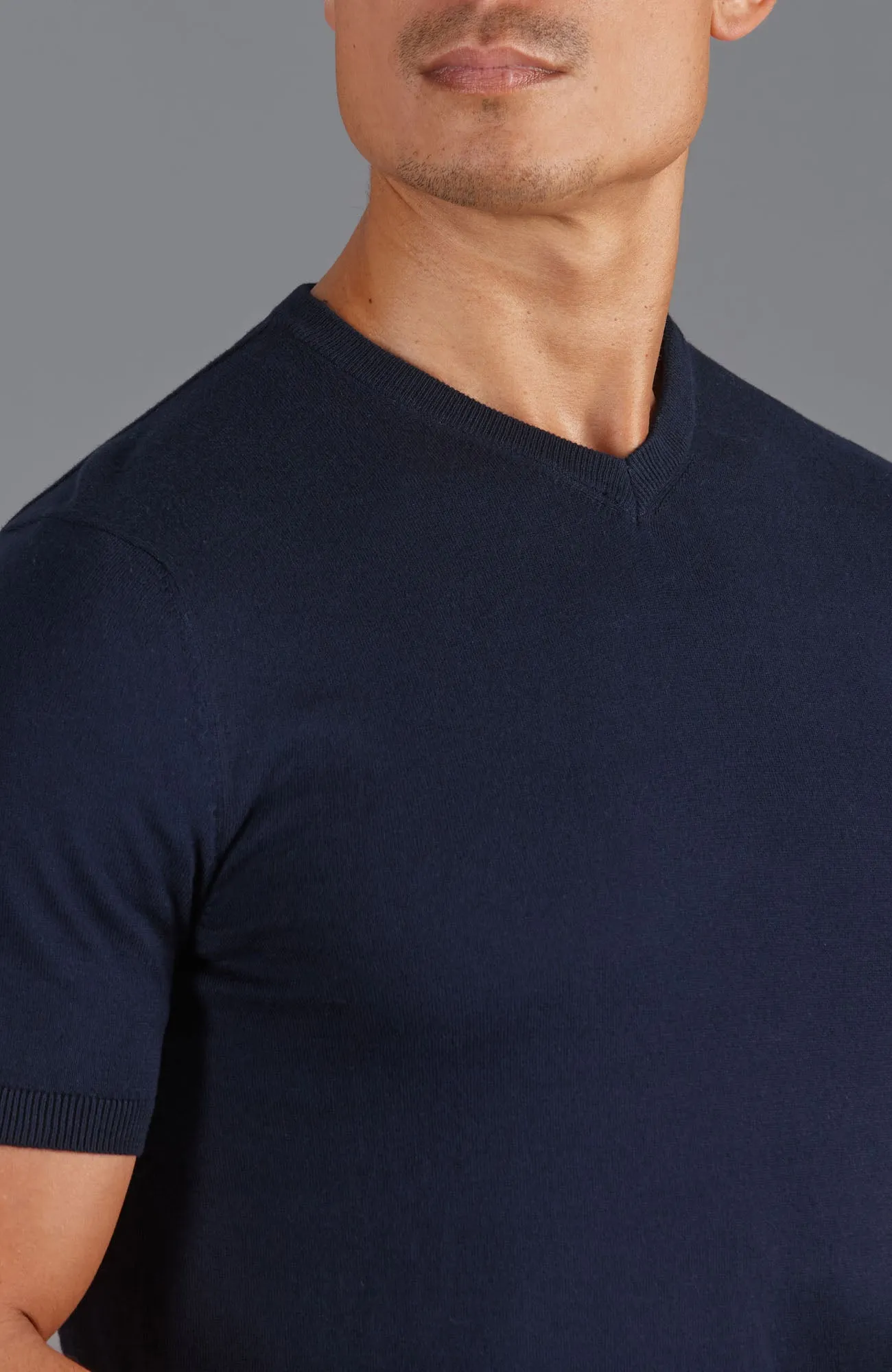 Mens Ultra Fine Cotton High V Neck Knitted T-Shirt