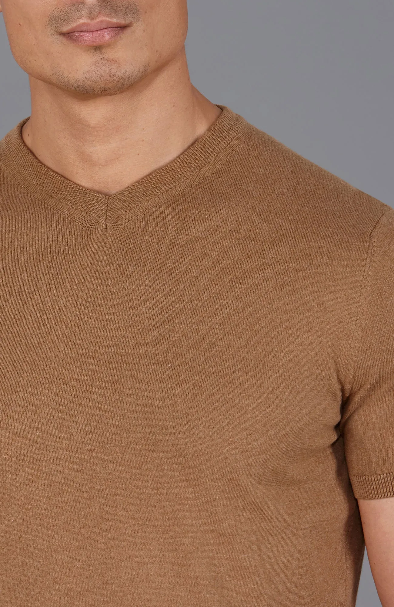 Mens Ultra Fine Cotton High V Neck Knitted T-Shirt