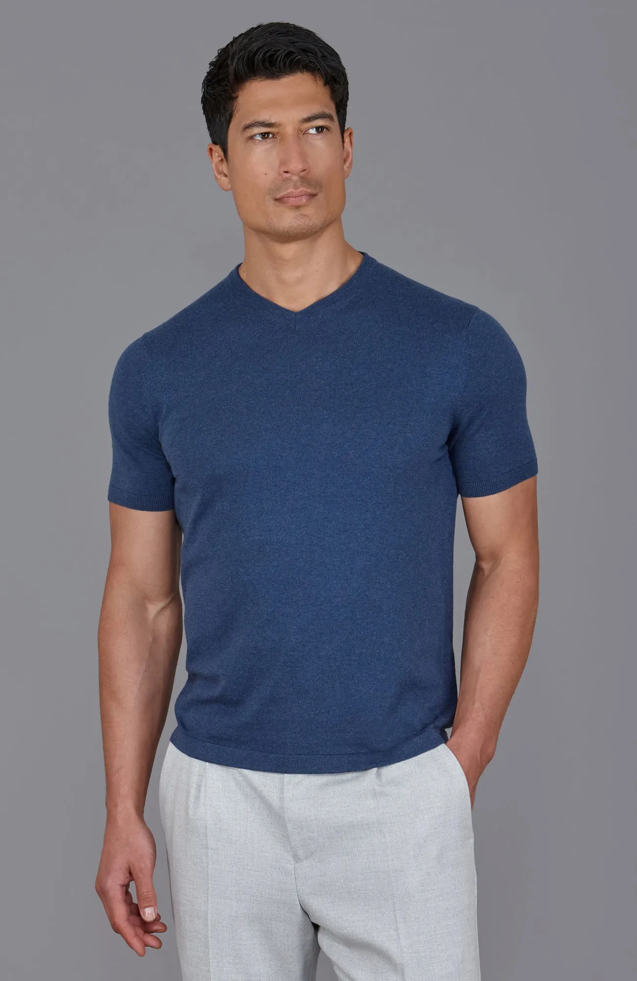 Mens Ultra Fine Cotton High V Neck Knitted T-Shirt