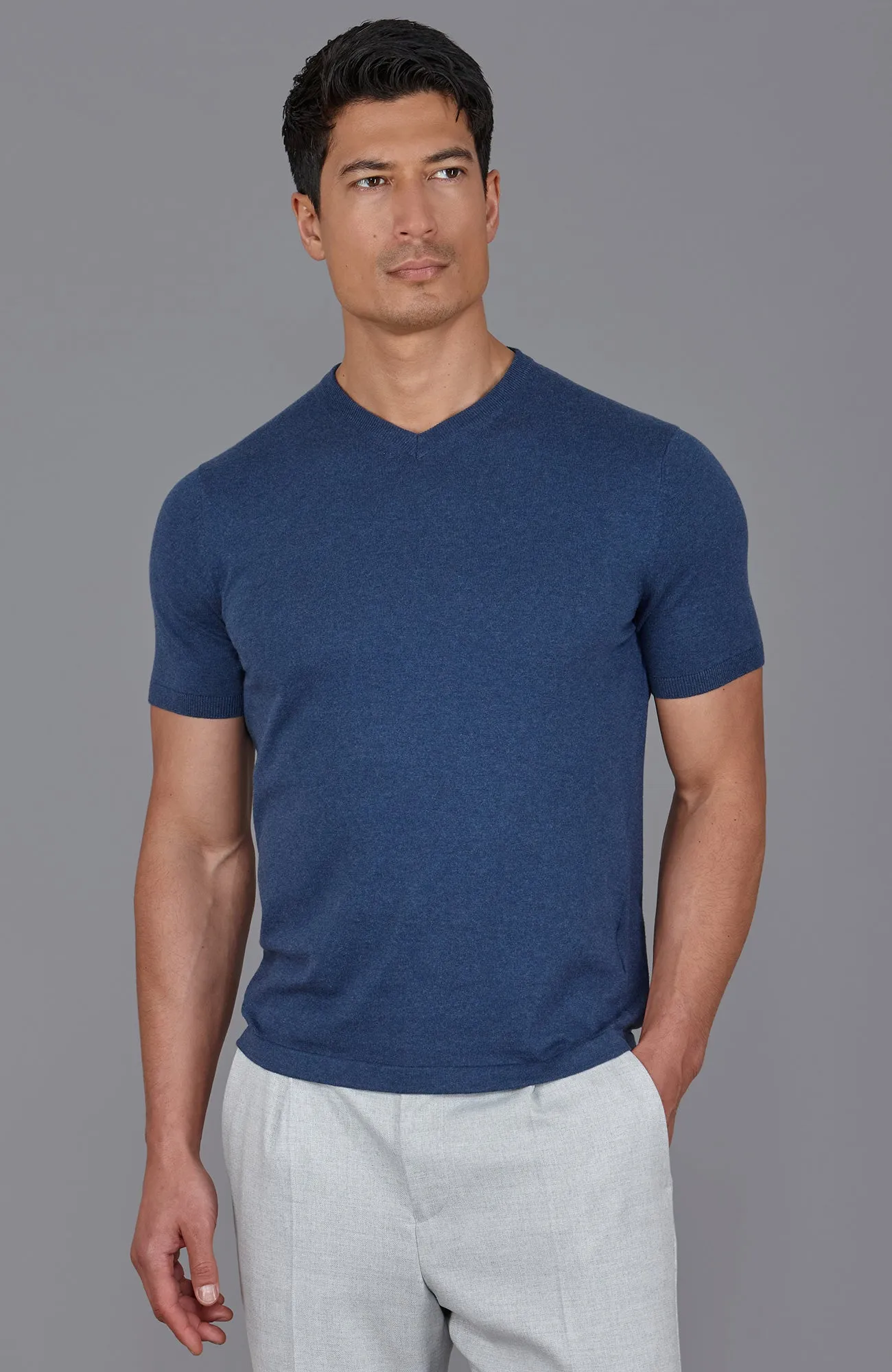 Mens Ultra Fine Cotton High V Neck Knitted T-Shirt