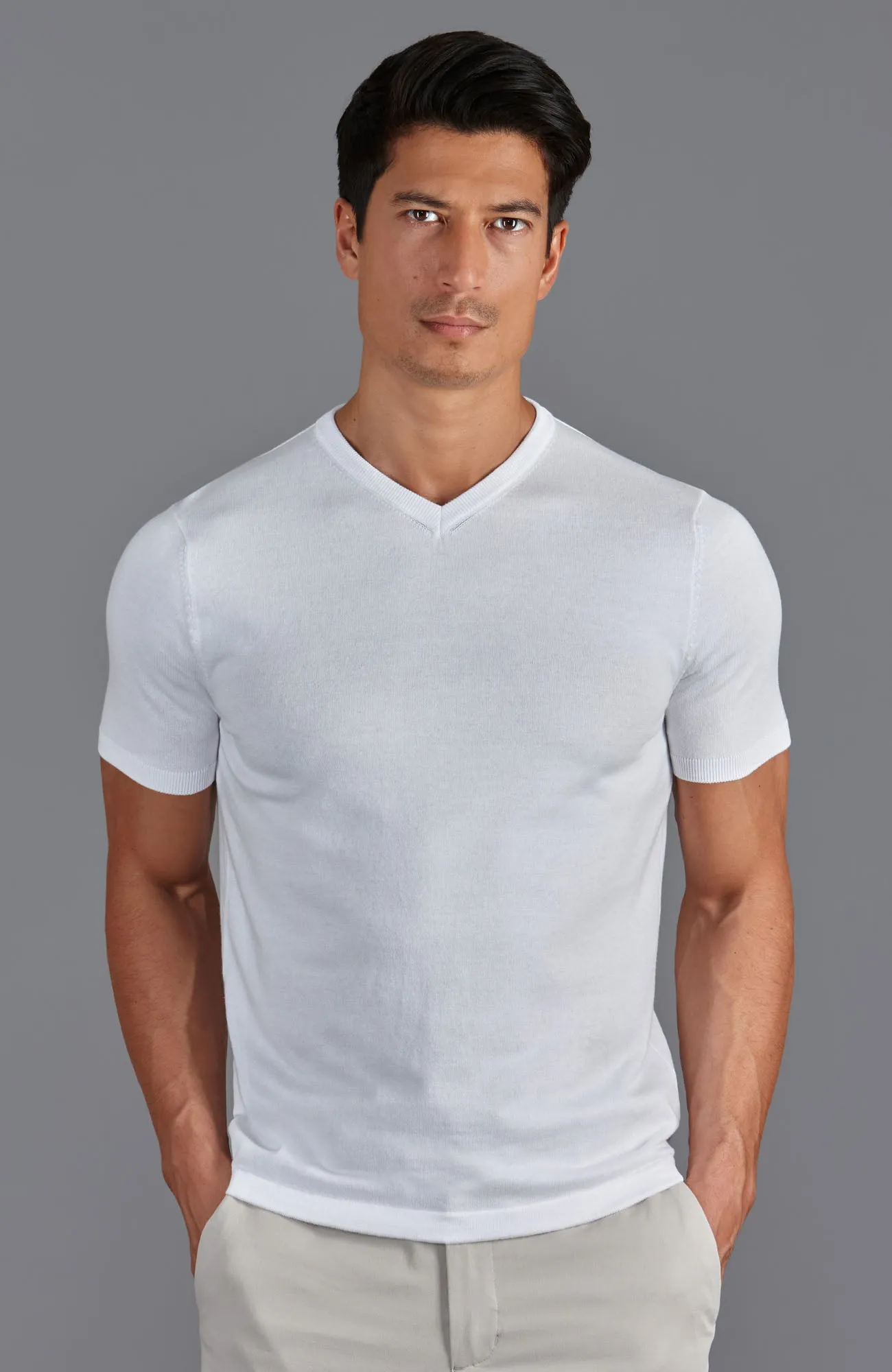 Mens Ultra Fine Cotton High V Neck Knitted T-Shirt