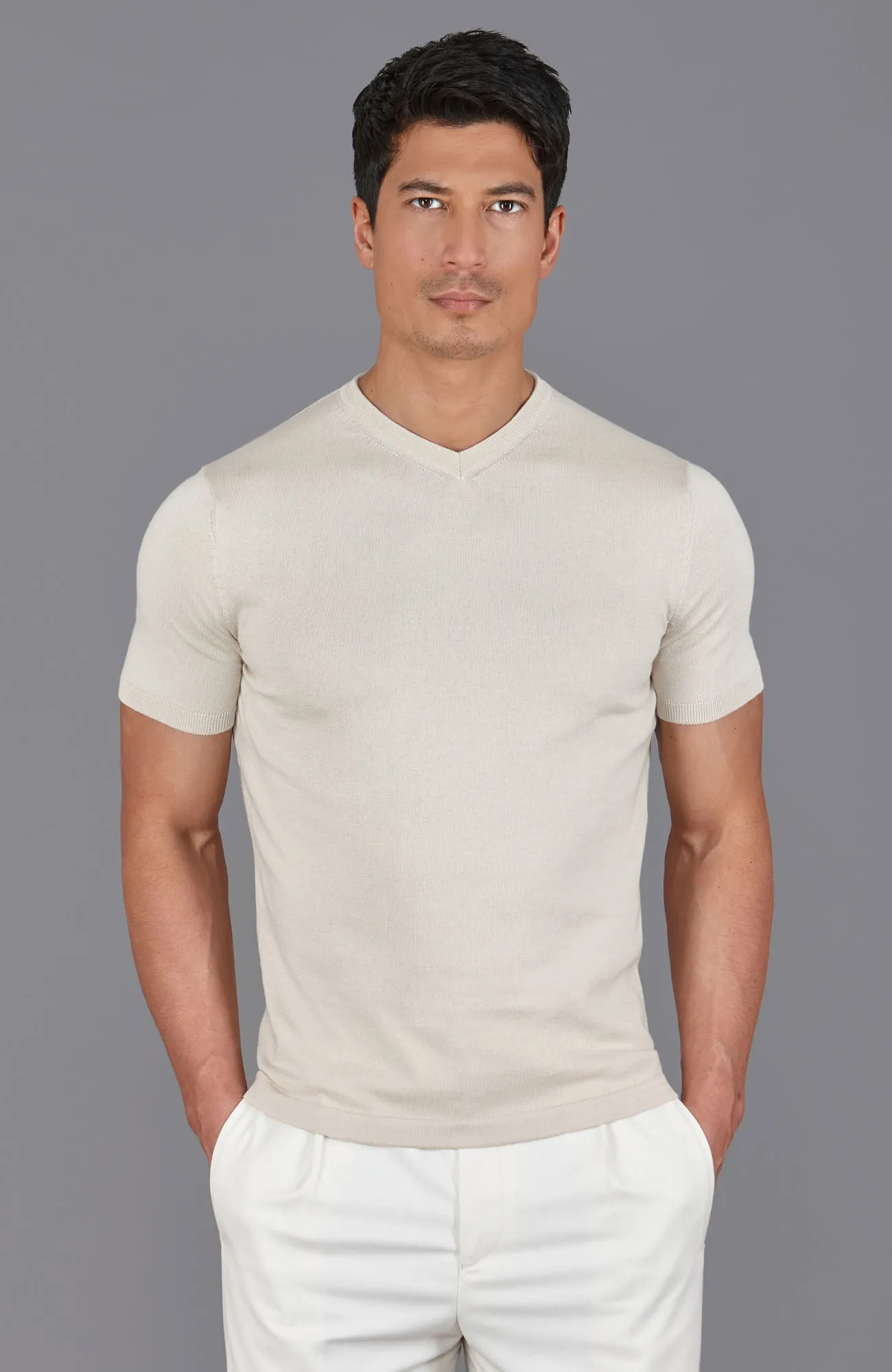 Mens Ultra Fine Cotton High V Neck Knitted T-Shirt