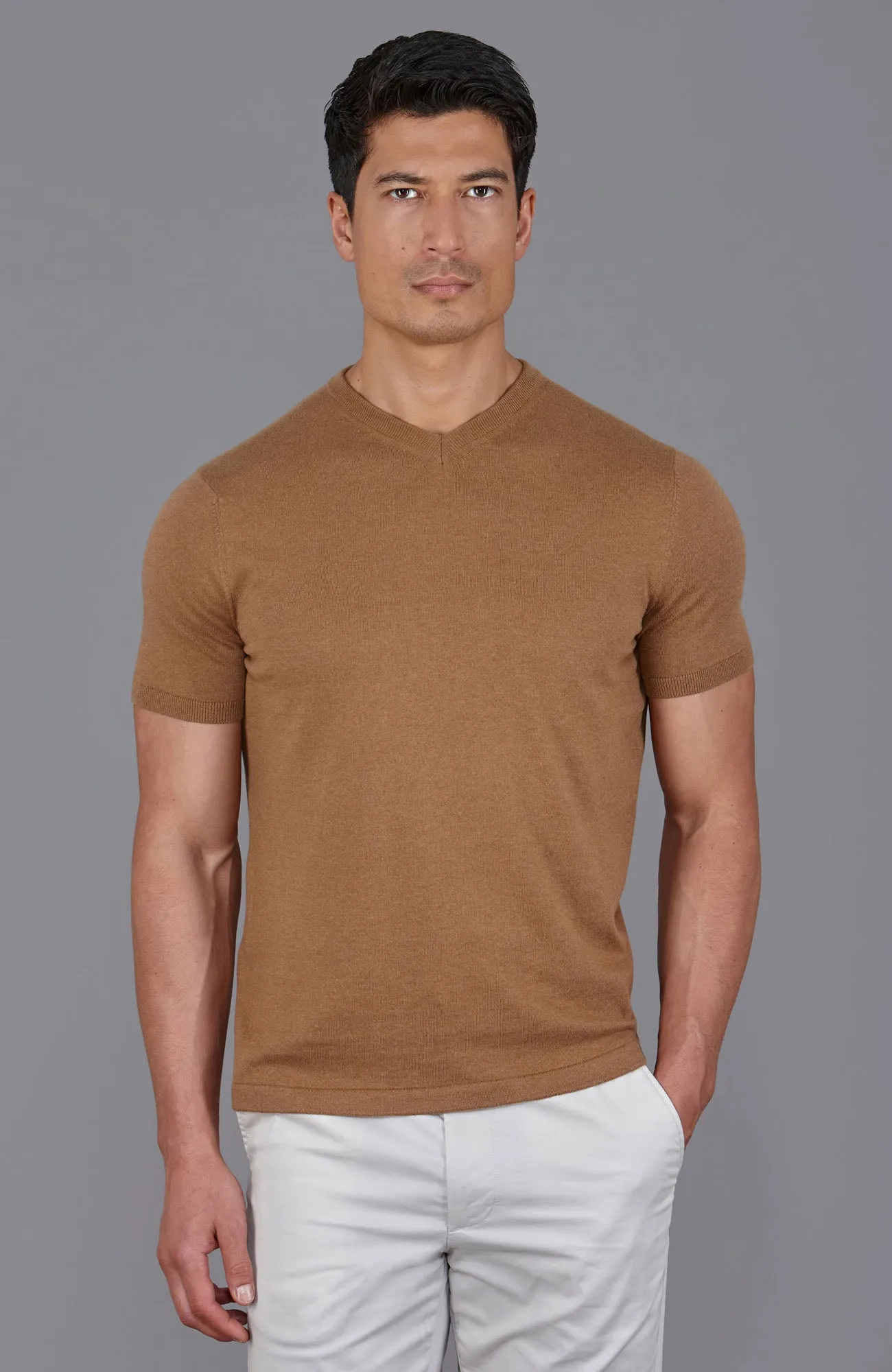 Mens Ultra Fine Cotton High V Neck Knitted T-Shirt