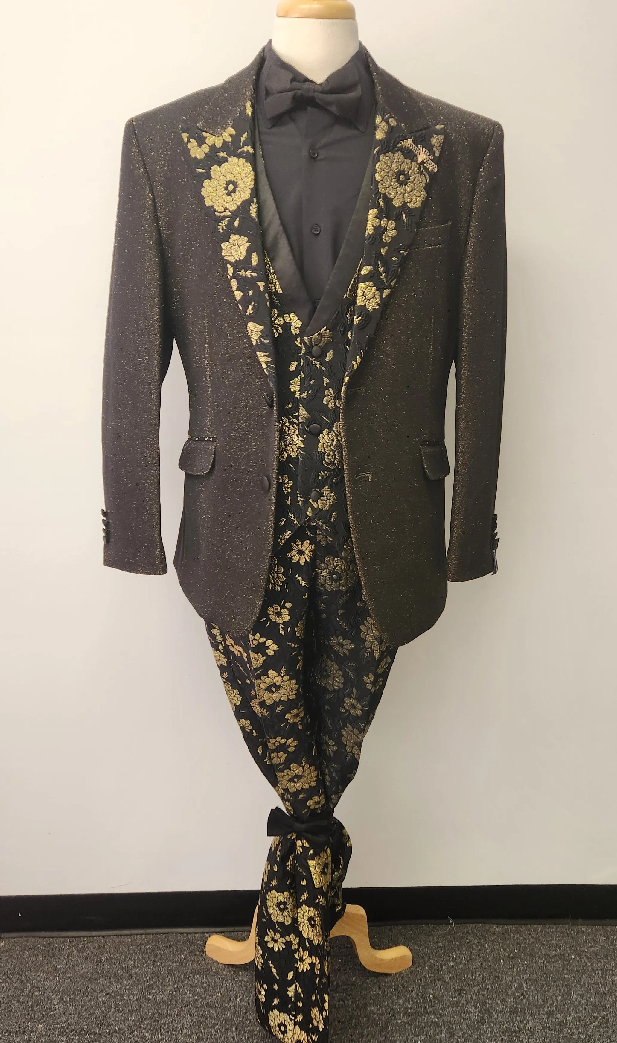 Metallic Gold over Black with Floral Print 3pc Suit