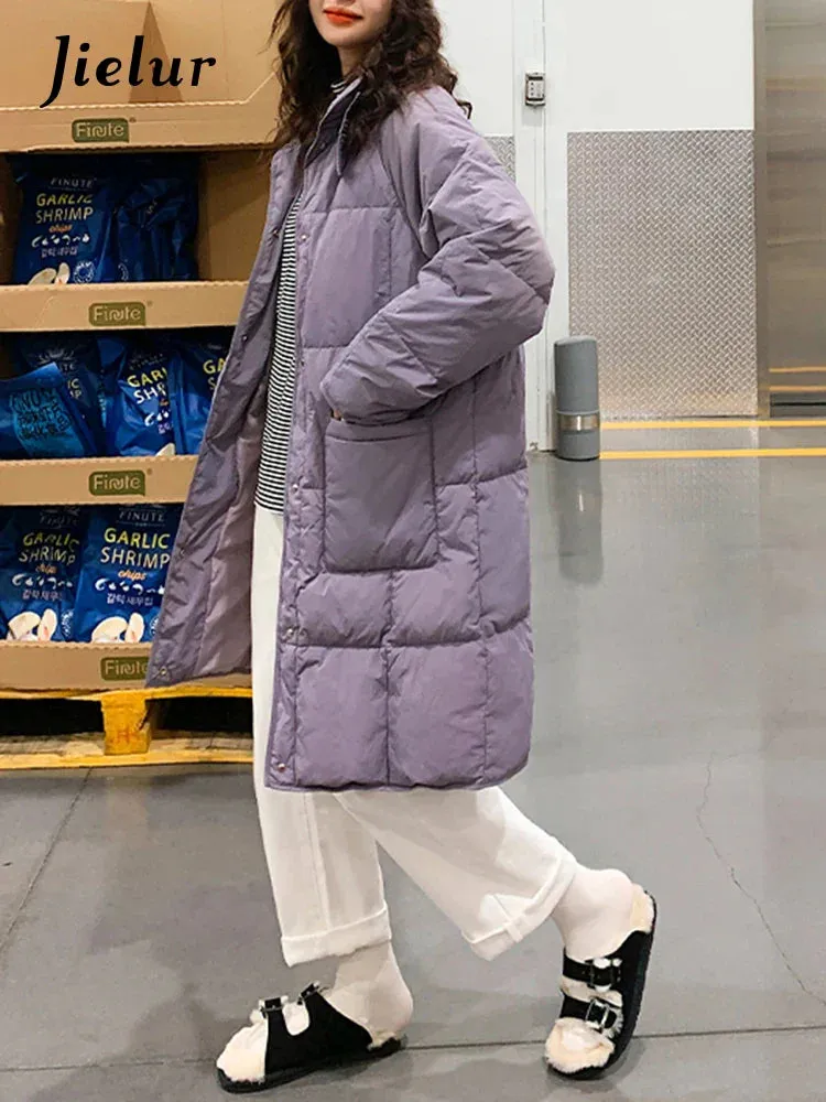 Metaversmall Long Down Jacket Woman New Big Pocket Windproof Buttons Winter Purple Parkas Fashion Stand Collar Cotton Coat Women S-XL