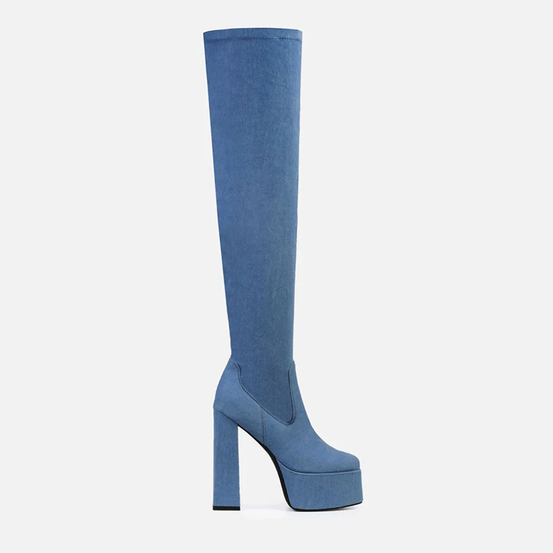 Minimalist Denim High Heel Platform Over Knee Boots - Jean Blue