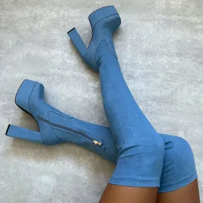 Minimalist Denim High Heel Platform Over Knee Boots - Jean Blue