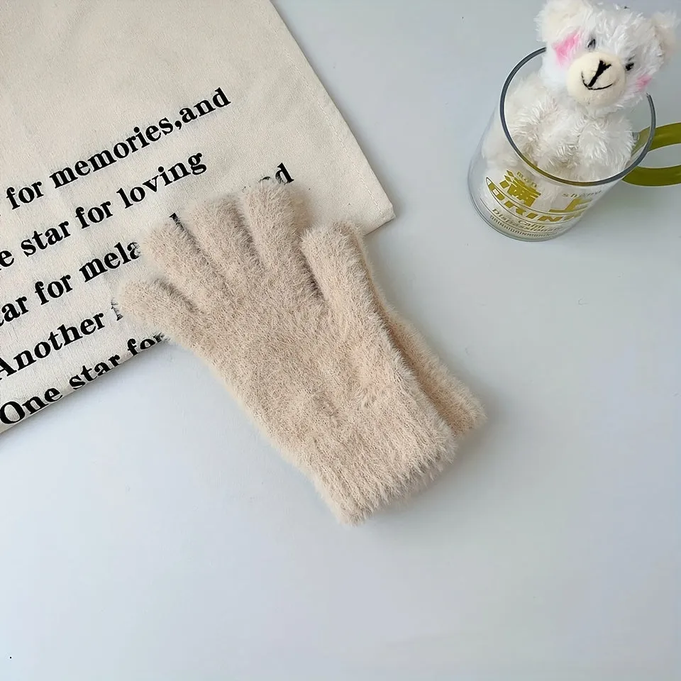 Minimalist Solid Color Plush Gloves Short Elastic Warm Knit Touchscreen Gloves Winter Coldproof Cashmere Gloves