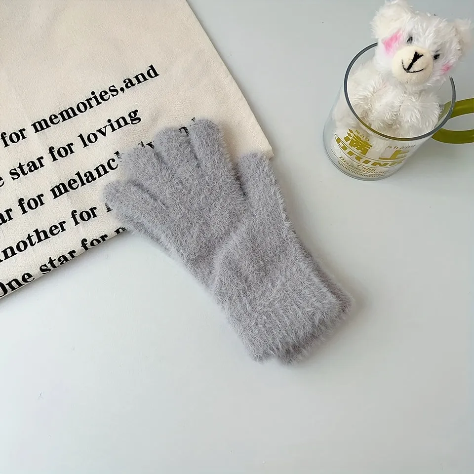 Minimalist Solid Color Plush Gloves Short Elastic Warm Knit Touchscreen Gloves Winter Coldproof Cashmere Gloves