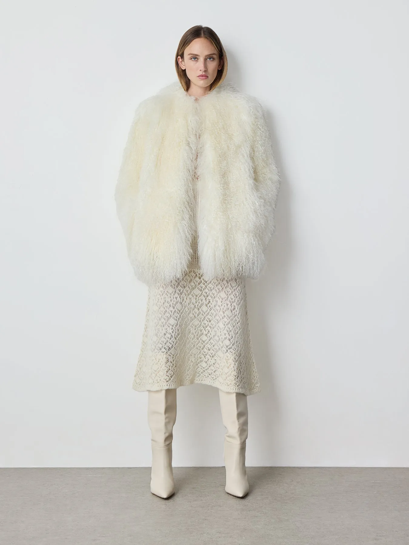 Mongolian Lamb Shearling Coat in Ecru