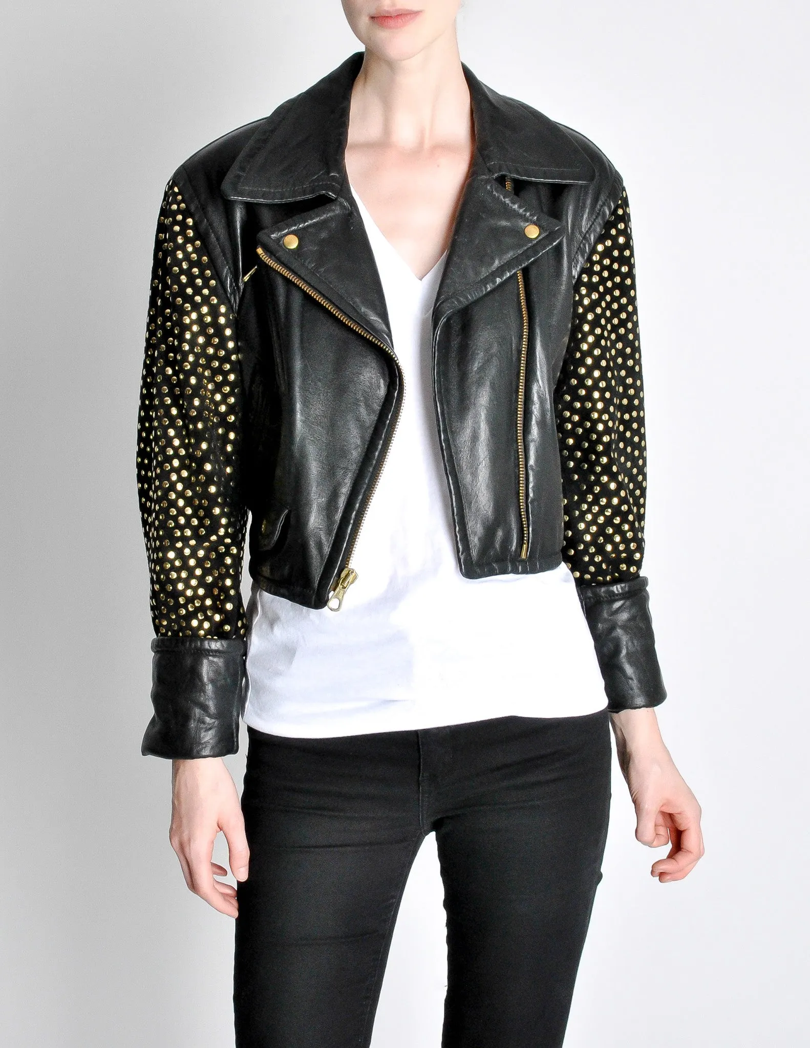 Moschino Vintage Studded Black Leather Cropped Moto Jacket