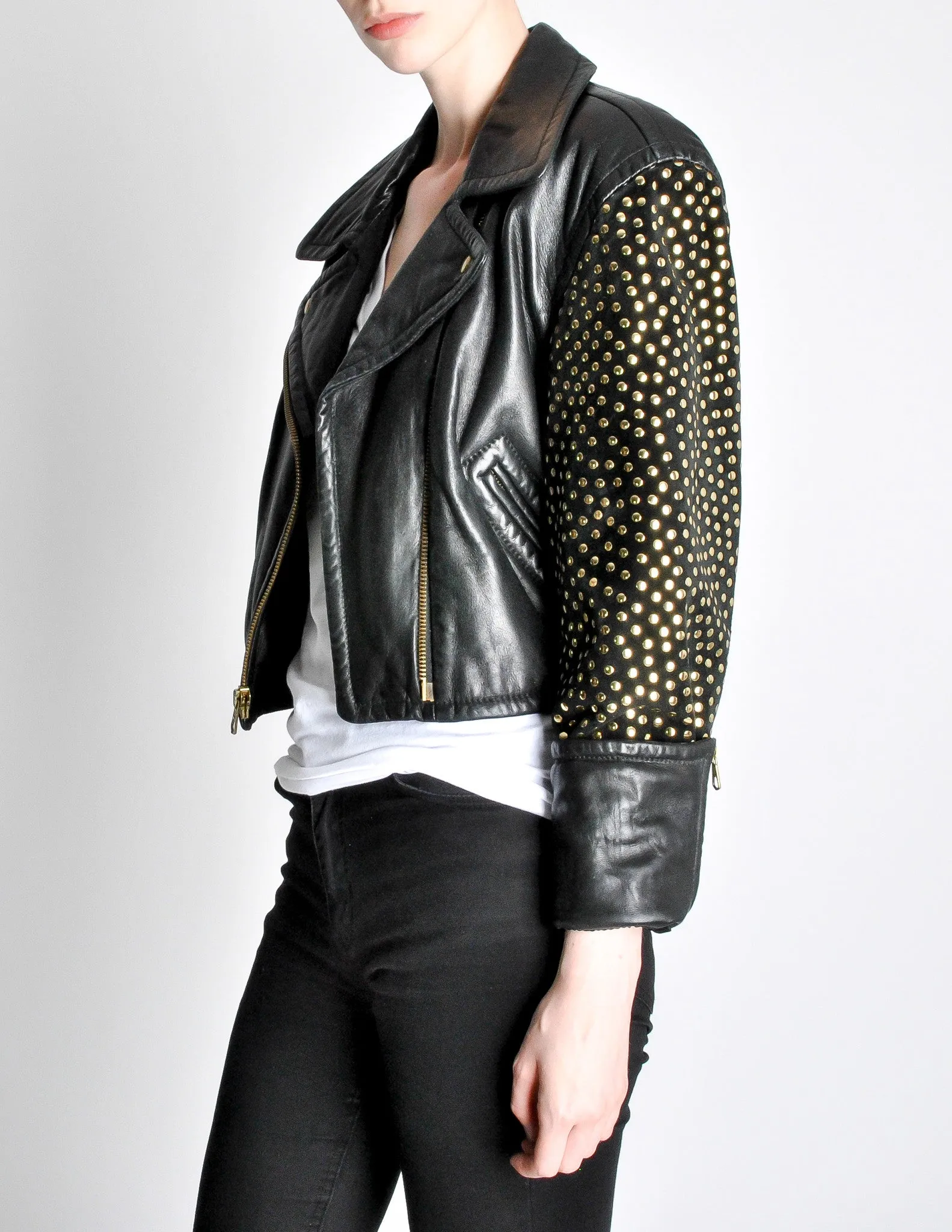 Moschino Vintage Studded Black Leather Cropped Moto Jacket