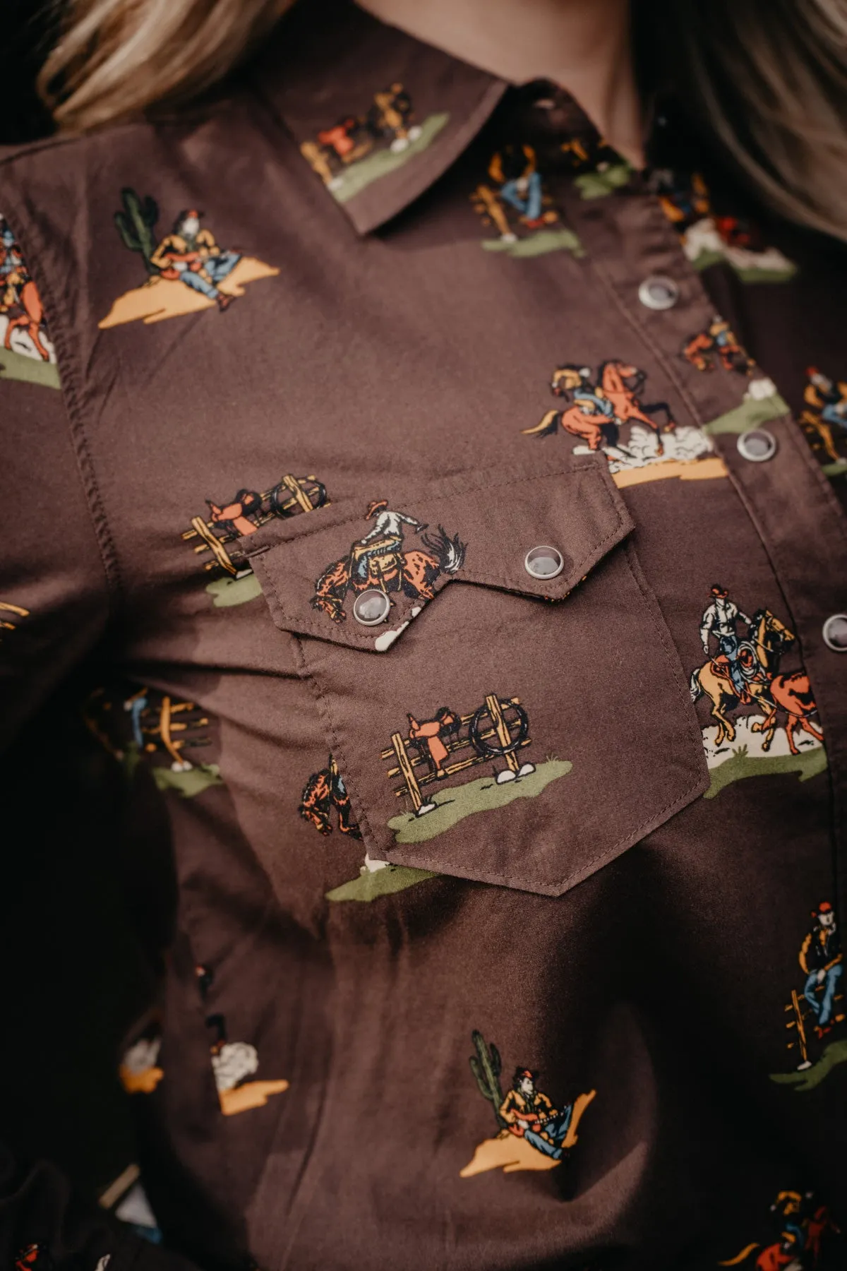 'Nara' Chocolate Brown Cowboy Printed Pearl Snap by Cruel Denim (XS-XXL)