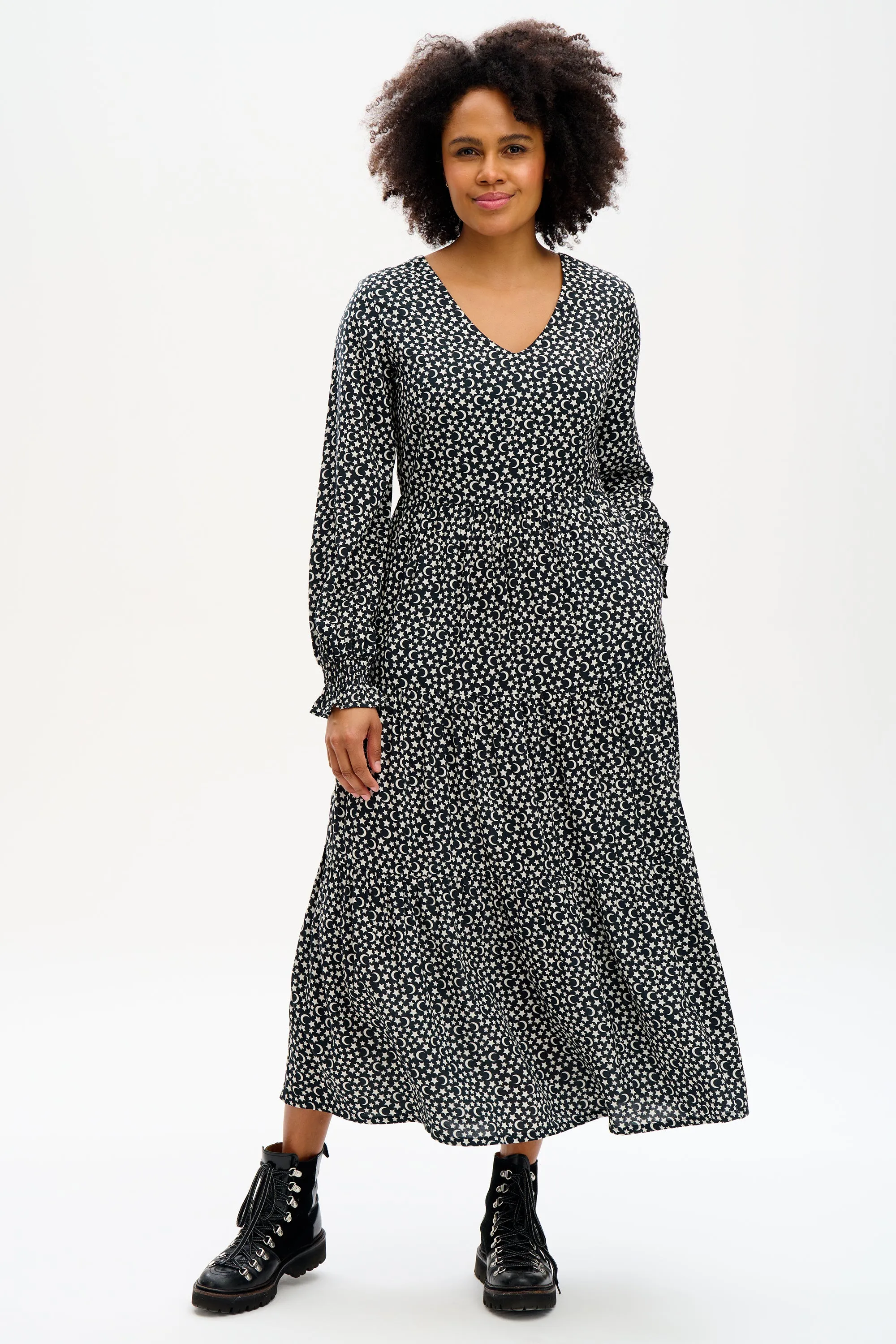 Nola Tiered Maxi Dress - Monochrome Moons & Stars