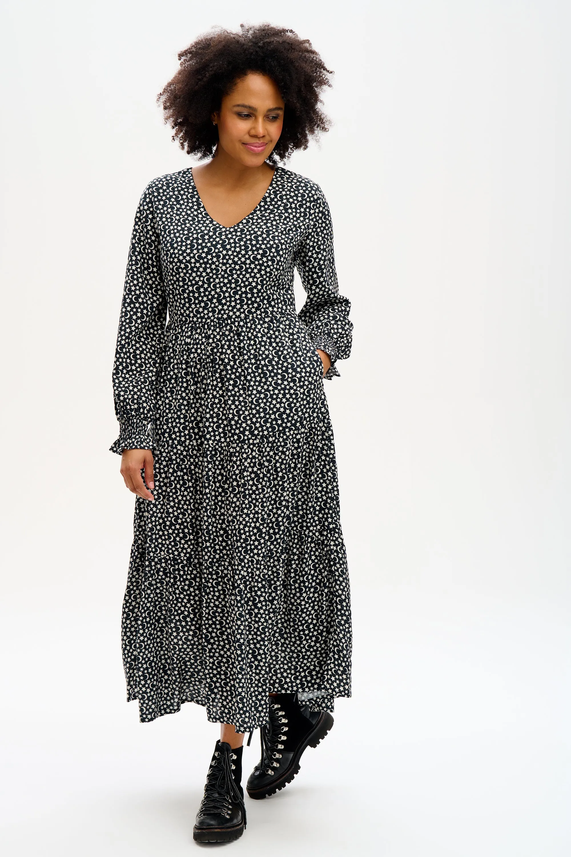 Nola Tiered Maxi Dress - Monochrome Moons & Stars