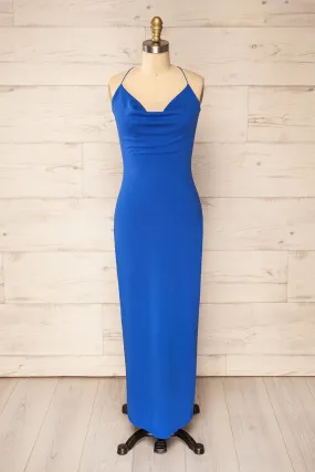 Ocala Blue | Fitted Open-Back Maxi Dress