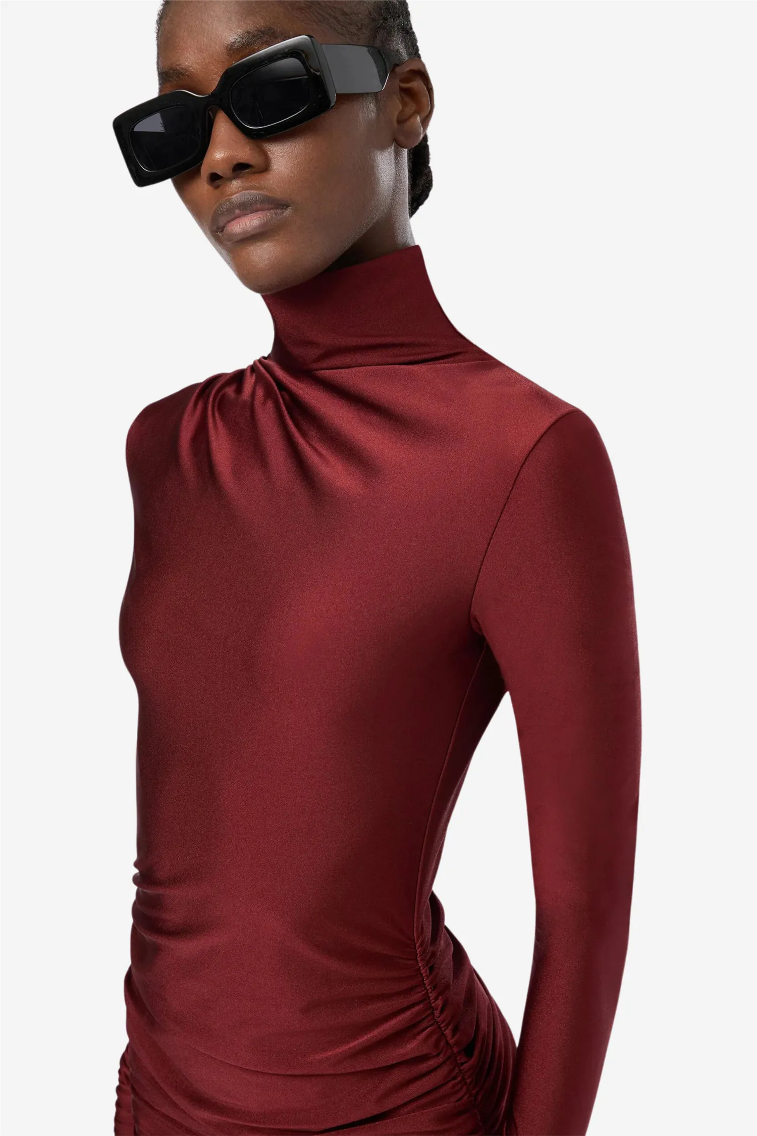 Oleandra Turtleneck Draped Mini Dress Bordeaux