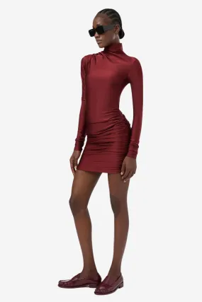 Oleandra Turtleneck Draped Mini Dress Bordeaux