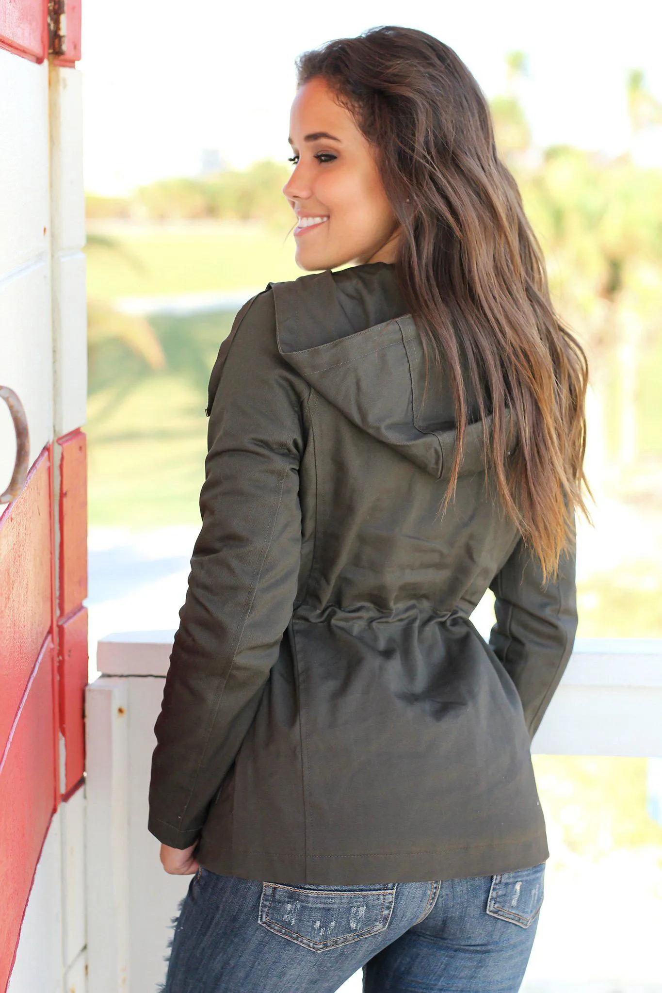 Olive Jacket with Gold Zippers