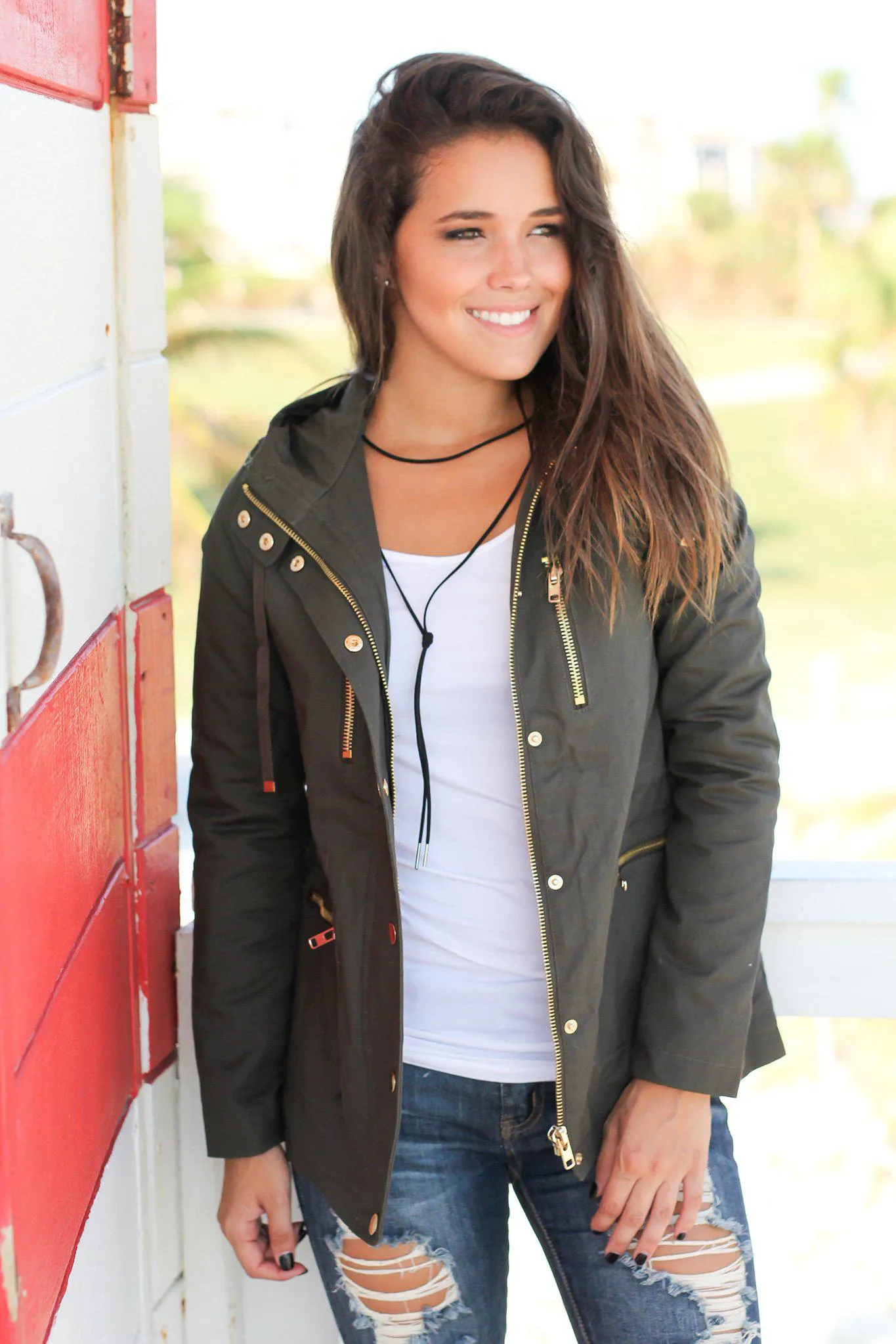 Olive Jacket with Gold Zippers